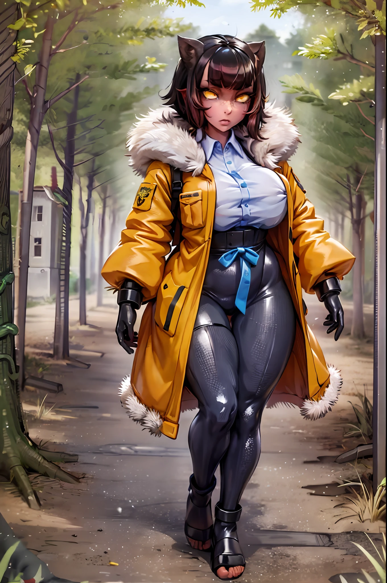 beargirl, tomboy, short hair, musclegirl,huge breast,kemono mimi,full body suit,kimono, alone, , village waiting to st, long dress, full clothed,yellow eyes,pole-shirt, militari uniforme,fur clothing,, village, forest,, pants, long skirt, long dress, long robe, coat, vest, butler