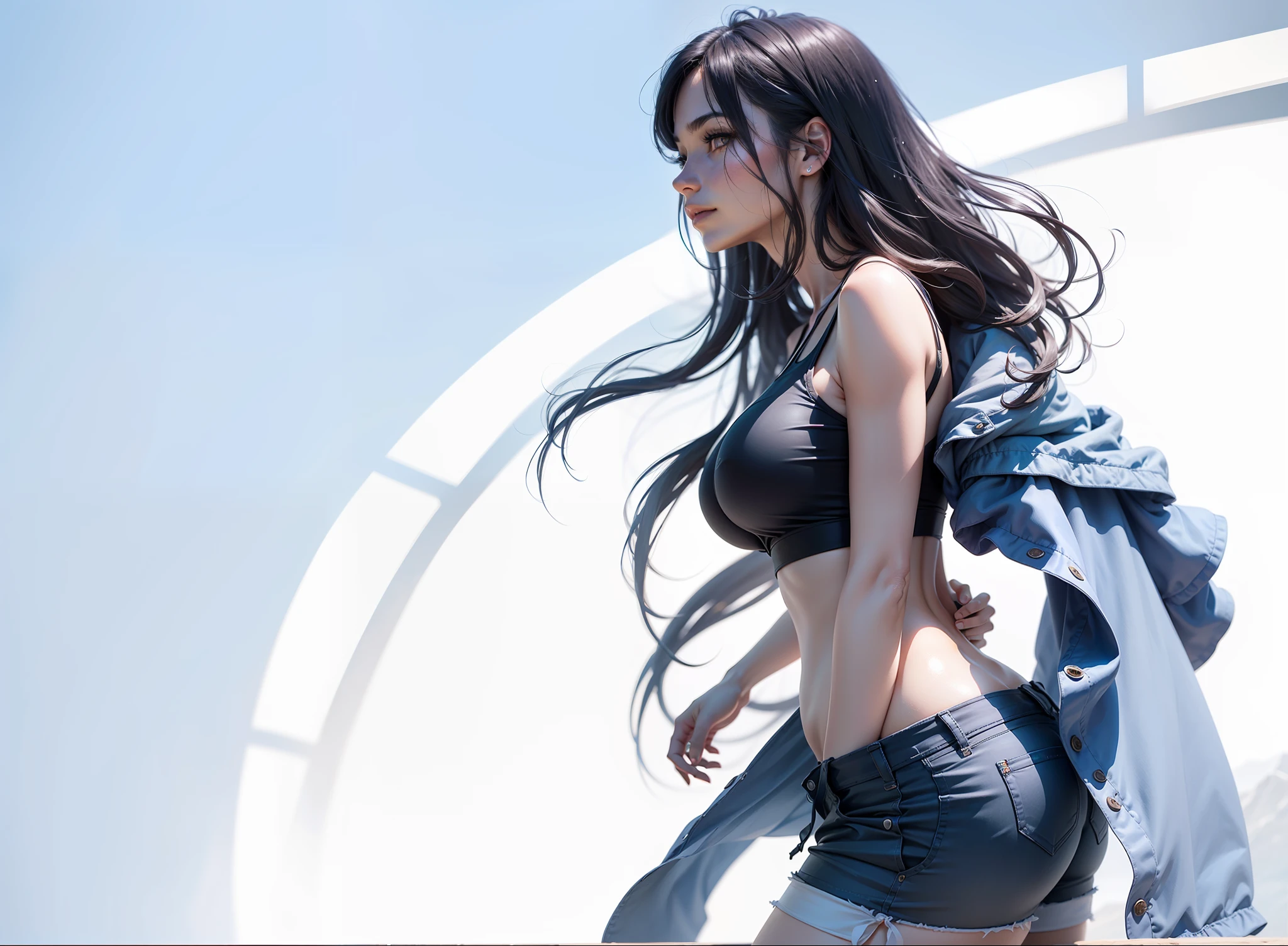 (crop top,:1.3), (photorealistic:1.4), (best quality:1.0), (ultra highres:1.0), 8k, RAW photo, (masterpiece:0.5), ultra-detailed, short, beautiful skin, ultral detailed skin, looking at the viewer, (full body photo: 1.5), light smile, blush, detailed water, ultra detailed sky, wet, depth of field, Alps, { best quality}, {{masterpiece}}, {highres}, extremely detailed 8K wallpaper, (1 girl: 1.5), {extremely delicate and beautiful}, ocean, thin leg, narrow waist, (urban landscape,: 1.4), large breasts, field, rays of light, crossed legs, walking, (behind: 0.7), huge ass, (shorts: 1.3), beautiful golden eyes, eyelashes, shadow, elegant figure, teenager, (delicate and detailed skin: 1.7), perspective, thighs