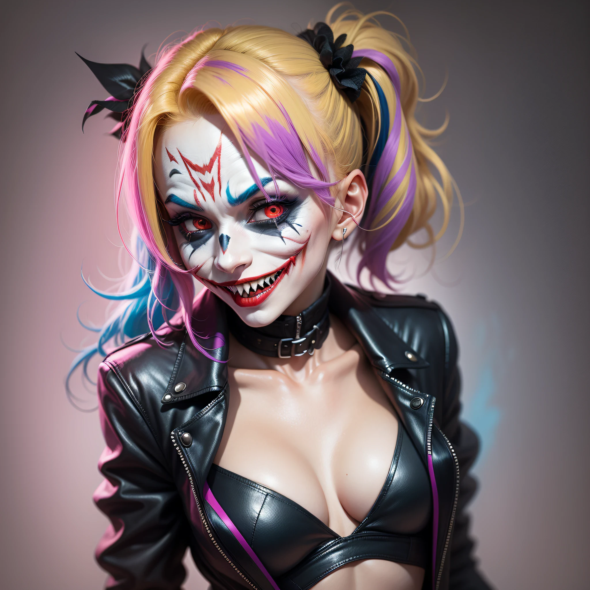 Dark joker woman, sorting sharp teeth, red eyes black outfit, blonde hair with pink and blue tips