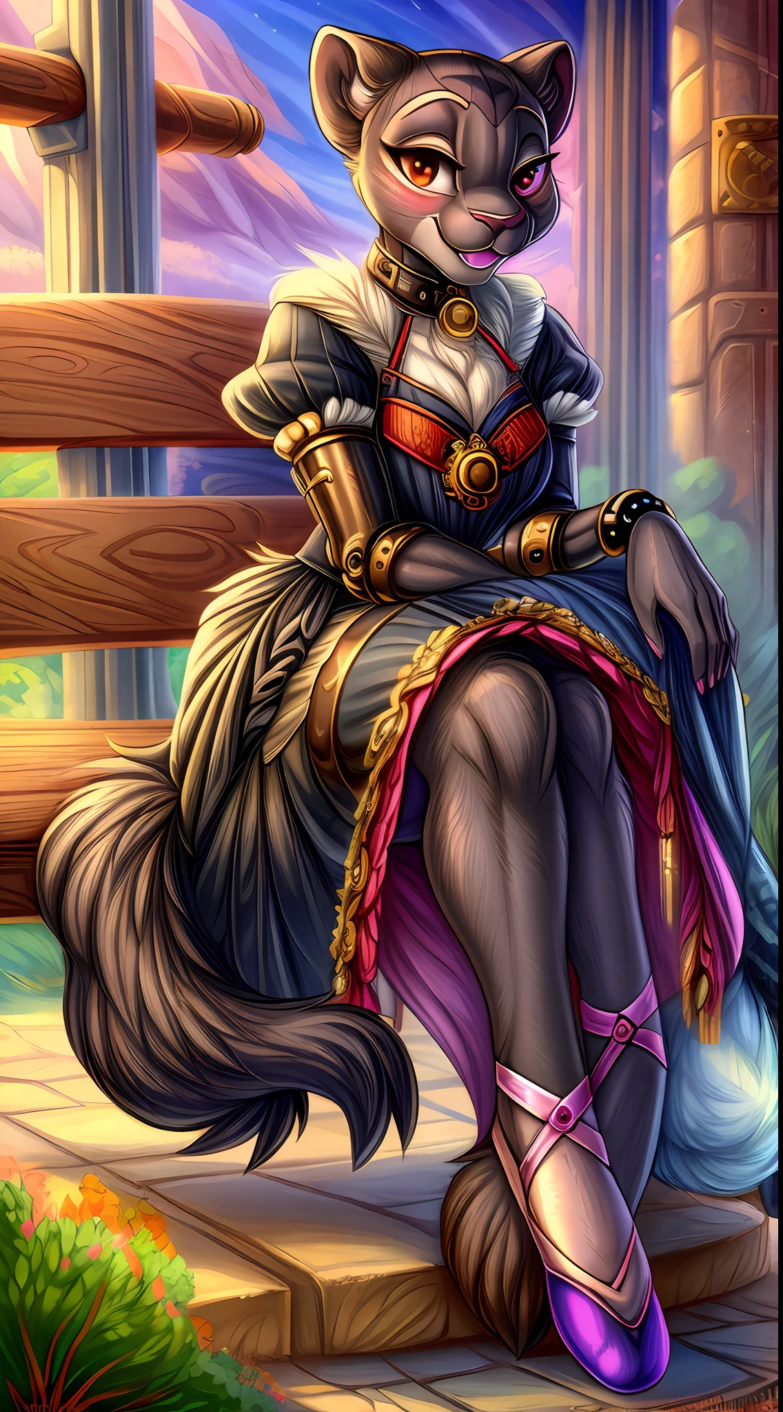 illustration, cartoon, soothing tones, calm colors, (fantasy art:1.1), (by Bob Ross:1.3), close up full body photo of a (furry fluffy (girl:1.1) panther:1.2) dressed in old fashion dress sitting on a bench in a steampunk park, (fluffy skin:1.1), elegant, in style (steampunk:1.2), Shiny ballet slipper and Dark brunette colours,