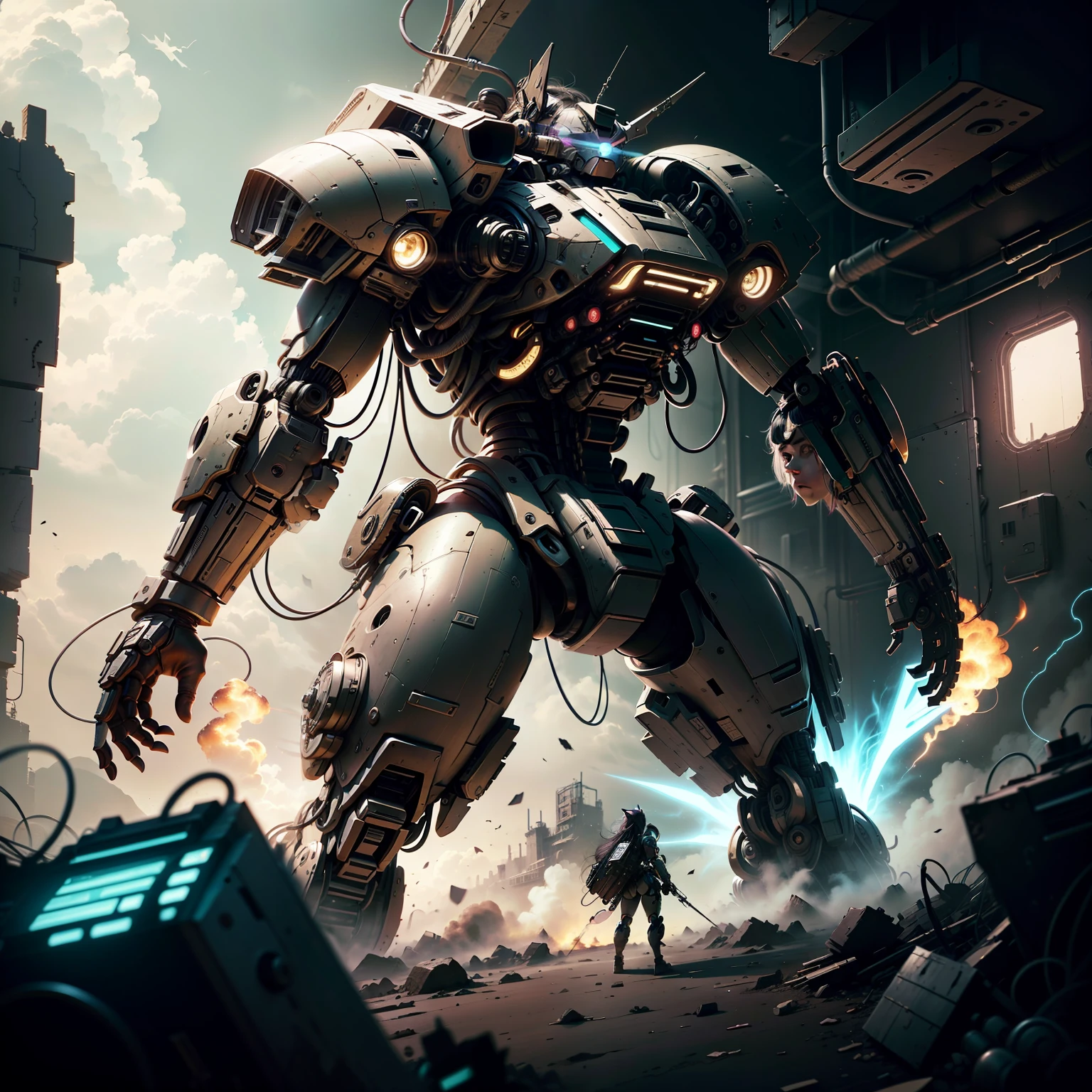 Female,,, 20 year old, Stand in the middle, The background is the ruins of a futuristic tech city, On both sides of the image are abandoned battle-damaged Gundams, colored inner hair, black hair, long hair, sidelocks, parted bangs, eyewear on head, rolling eyes, kemonomimi mode, depressed, first-person view, Surrealism, stereogram, high detail, pov, atmospheric perspective, cowboy shot, textured skin, best quality, 8k --auto