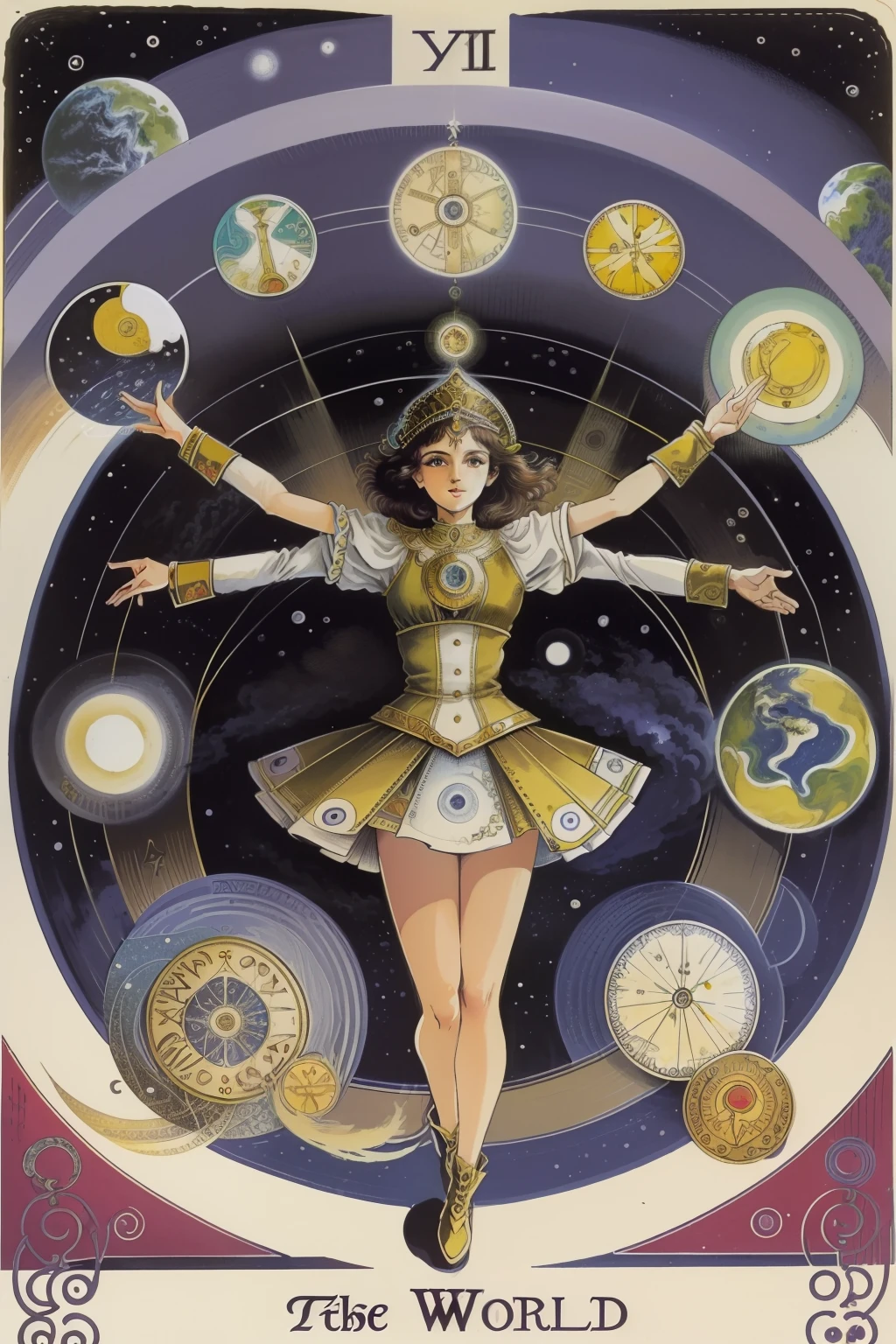 best quality, masterpiece, The_World, 1girl, circle, world, symbol, animals, outstretched arms,CosmicTarot, retro artstyle,English text, roman numeral, card \(medium\)