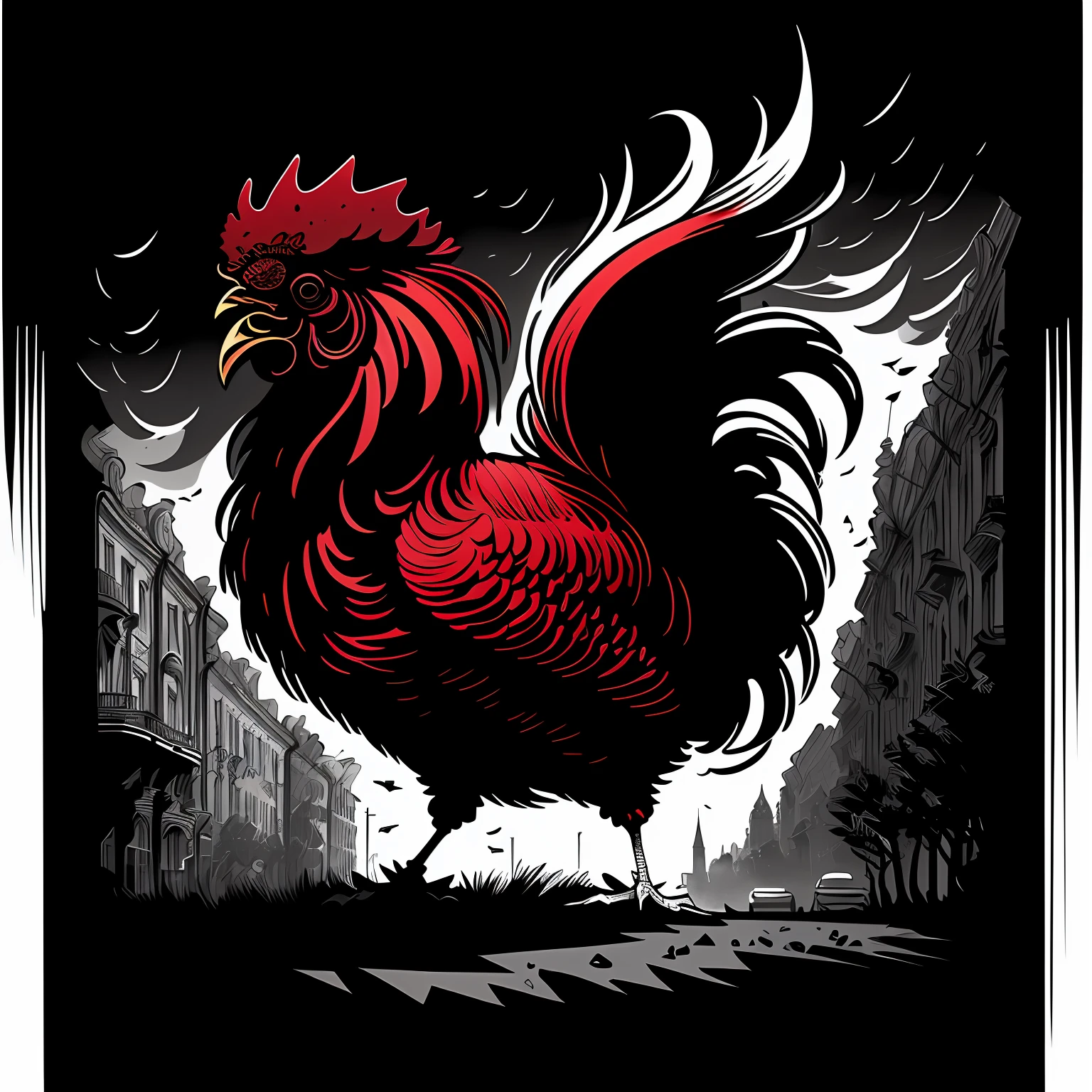 (Illustration style Noir Comics: 1.2), (St. Petersburg: 1.1), black and white, high contrast skeleton rooster --auto