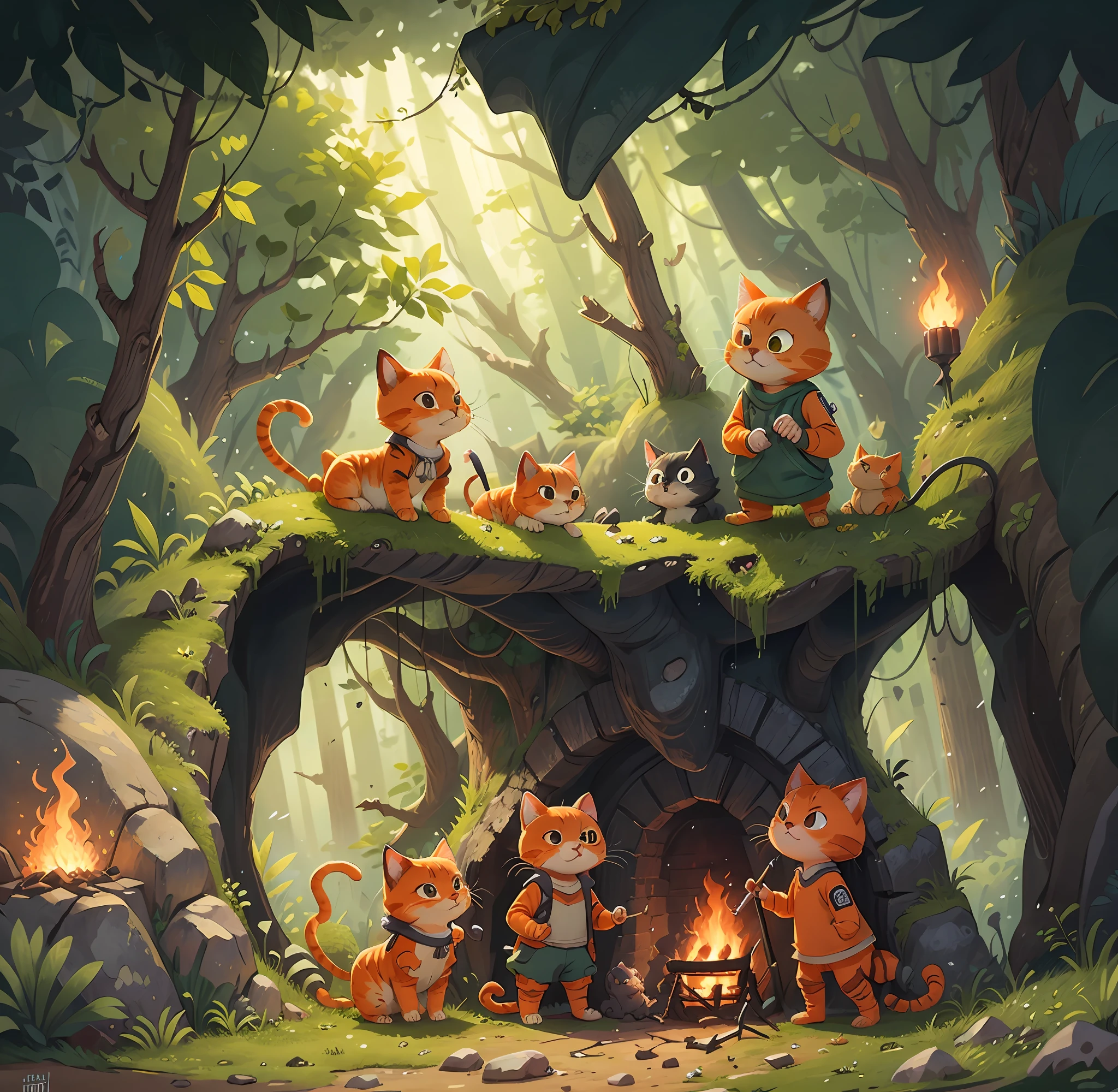 Three orange cats and adventurers inside a magical cave, the cats are in green exploration clothes and the middle cat holds a fire torch