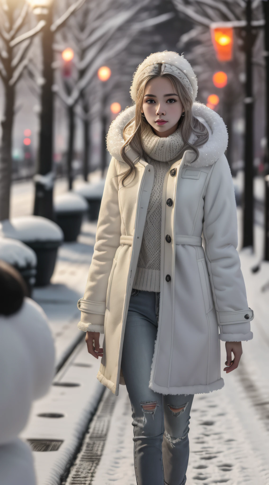 (Best Quality, Masterpiece, Ultra High Resolution), (Realistic: 1.4), 1 Girl, Adult Face, Slim, (Shiny Skin), (Silhouette, Front, Dusk), Gray Hair, Long Hair, Dark Eyes, (Room), Top Fashion, ((White Plush Coat)), (Snow: 1.5, Walking Street, Winter City),
