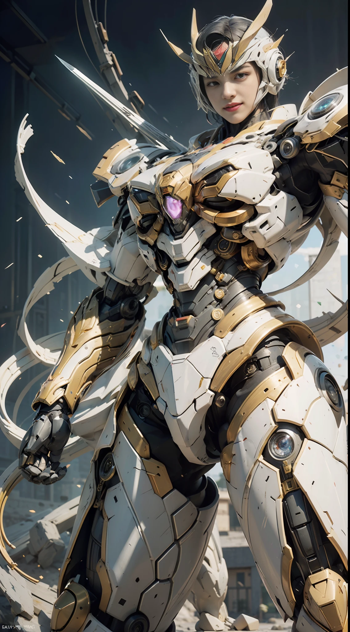 Masterpiece from Canon EOS R6, (Best Quality), (Mech: 1.3|Saint Seiya ANDBREAK Robot) (Giant Mech: 0.3), (Transparent Eight Crystals: 0.4), Battle Stance, Playful Smile, (((Masterpiece)), (Detail: 1.4), , Panorama, Wide Angle, Cinematic Lighting, (White: 1.5|Blue), (Glow Special Effects: :0.5), Solo, Glowing Sword: 0.3, Textured Skin, 3D, HDR, Maximum Image Quality 16K, Crazy Details, David La Chapelle style lenses, professional RAW color photos, ray tracing, surrealist detailing, Unreal Engine 5, Harry Winston: 0.3, beautiful detailed eyes, looking at viewer, naughty_face,