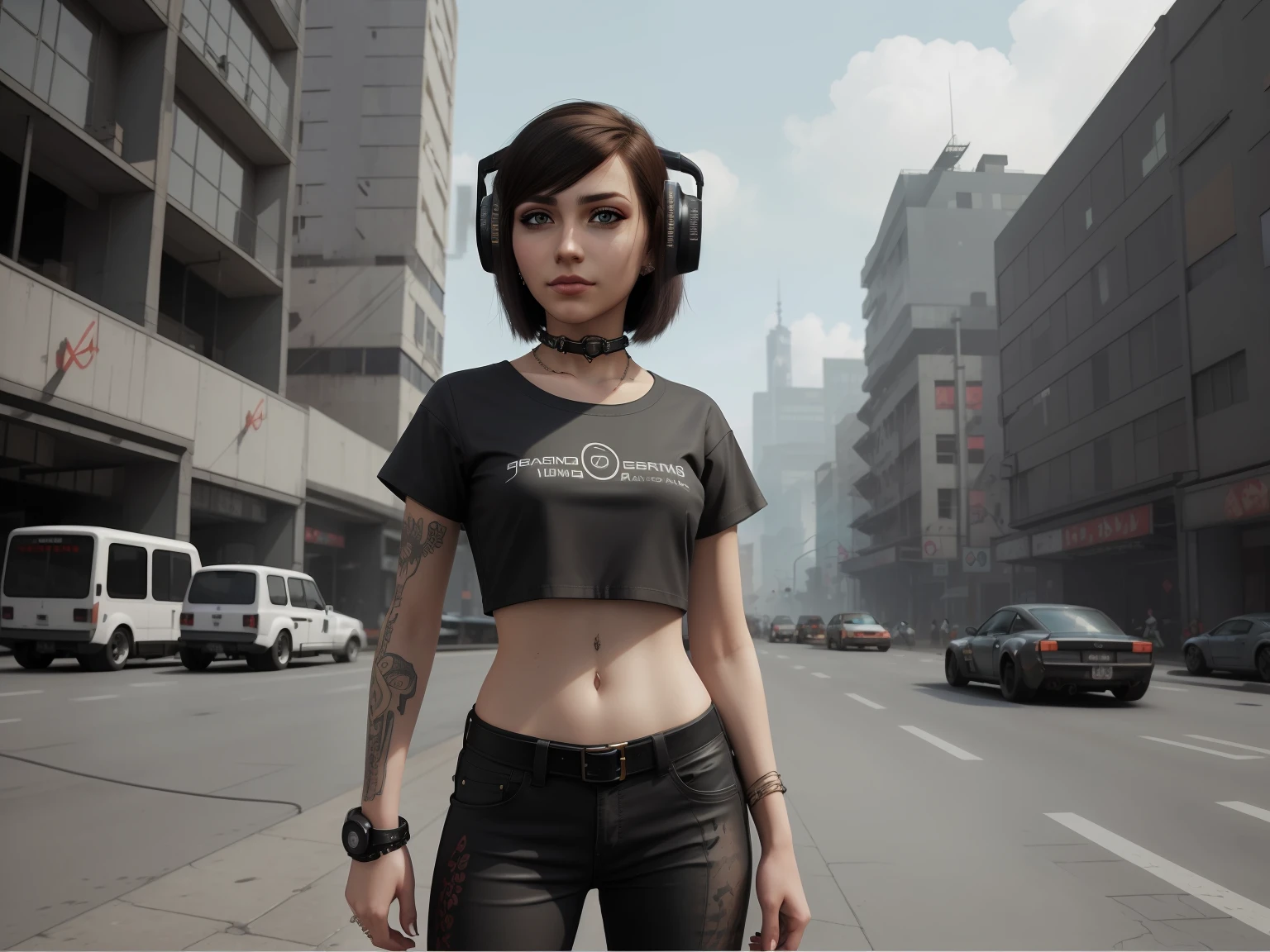 ((Best quality)), ((work-before)), (highly detailed), .. 3D, beautiful (cyberpunk), Stylish woman looking at camera, black pants, black t-shirt,