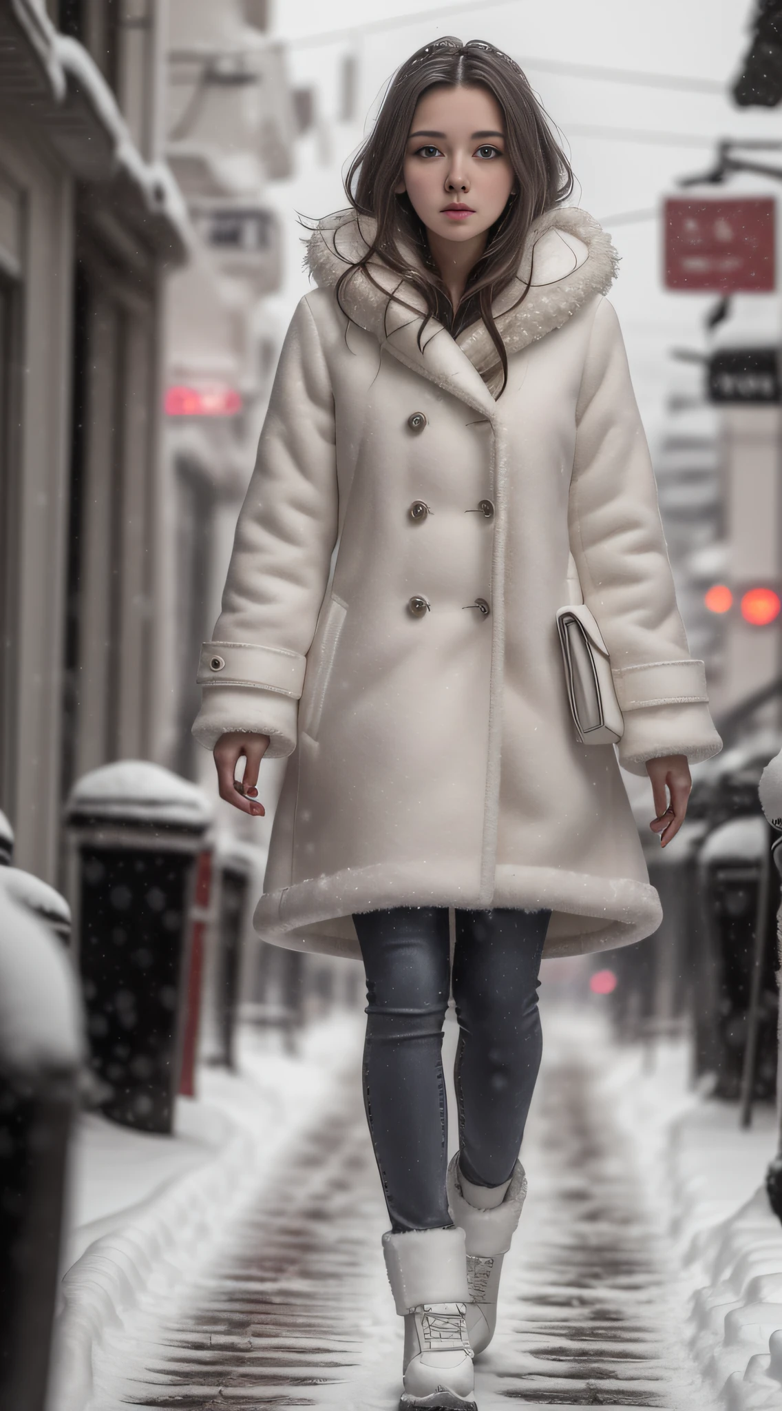 (Best Quality, Masterpiece, Ultra High Resolution), (Realistic: 1.4), 1 Girl, Adult Face, Slim, (Shiny Skin), (Silhouette, Front, Dusk), Gray Hair, Long Hair, Dark Eyes, (Room), Top Fashion, ((White Plush Coat)), (Snow: 1.5, Walking Street, Winter City),