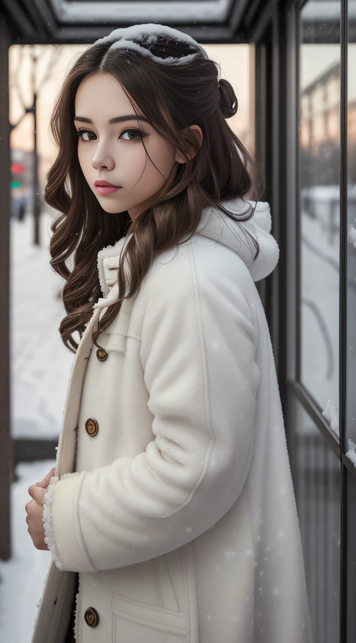 (Best Quality, Masterpiece, Ultra High Resolution), (Realistic: 1.4), 1 Girl, Adult Face, Slim, (Shiny Skin), (Silhouette, Front, Dusk), Gray Hair, Long Hair, Dark Eyes, (Room), Top Fashion, ((White Plush Coat)), (Snow: 1.5, Walking Street, Winter City),