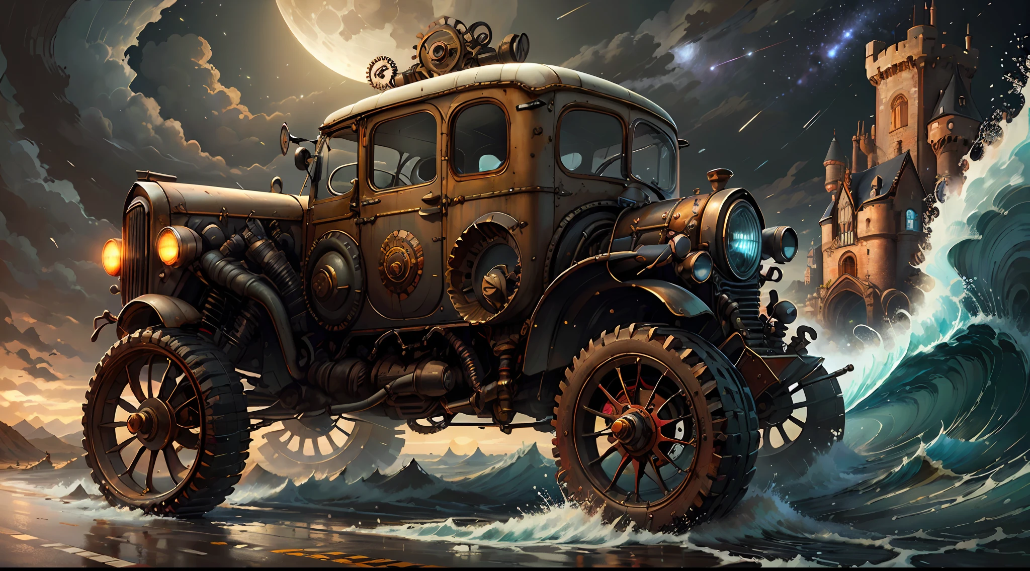 Cogpunk car on the road, moon, jupiter, mountain, foam, storm, wind, wave, castles, planes,