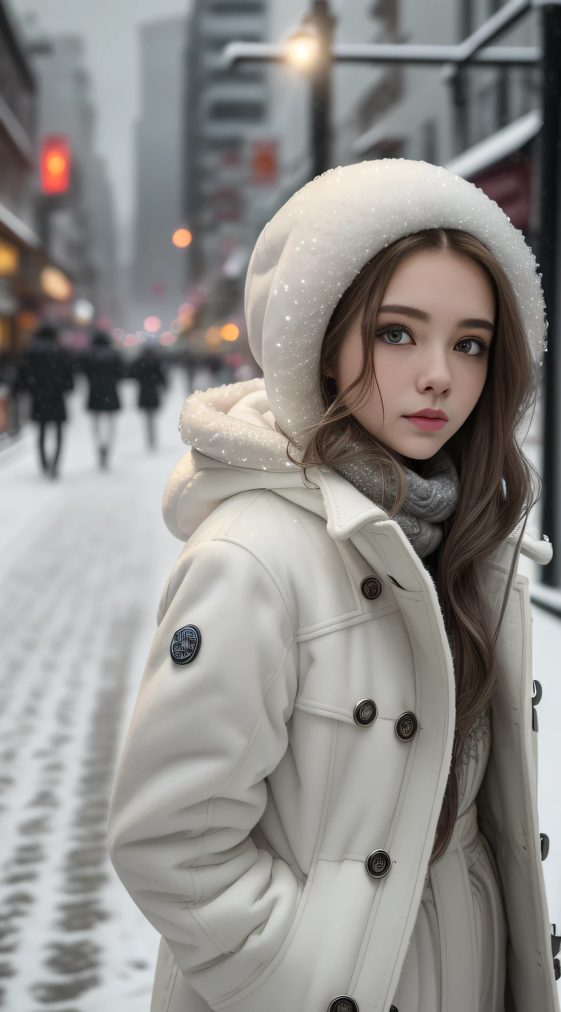 (Best Quality, Masterpiece, Ultra High Resolution), (Realistic: 1.4), 1 Girl, Adult Face, Slim, (Shiny Skin), (Silhouette, Front, Dusk), Gray Hair, Long Hair, Dark Eyes, (Room), Top Fashion, ((White Plush Coat)), (Snow: 1.5, Walking Street, Winter City),