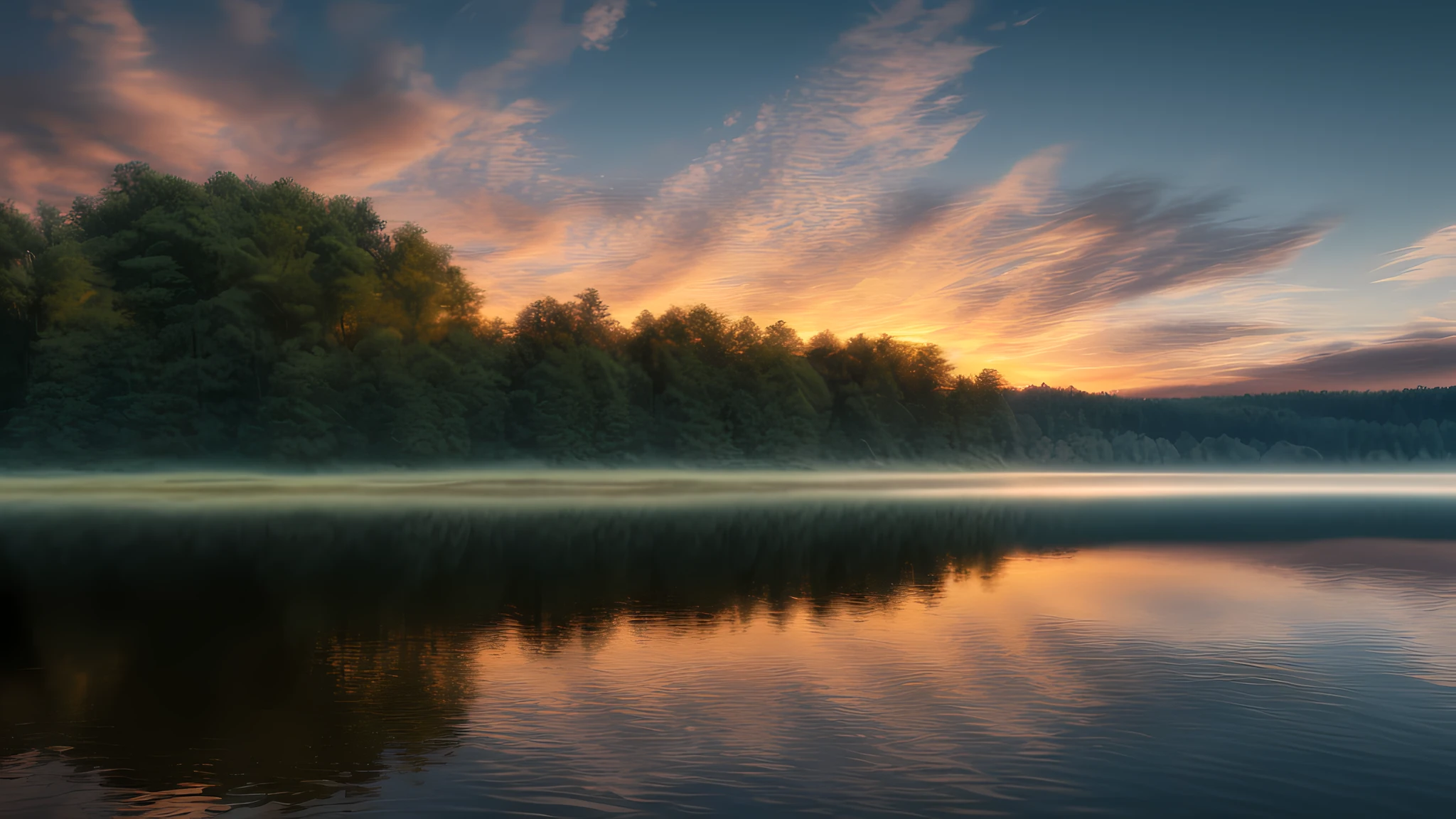 wallpaper, summer, lake, dawn, forest, detailed forest, clouds, masterpiece, cinematic, soft light, depth of field, ray tracing, reflection in water, realism, ulra detailed,