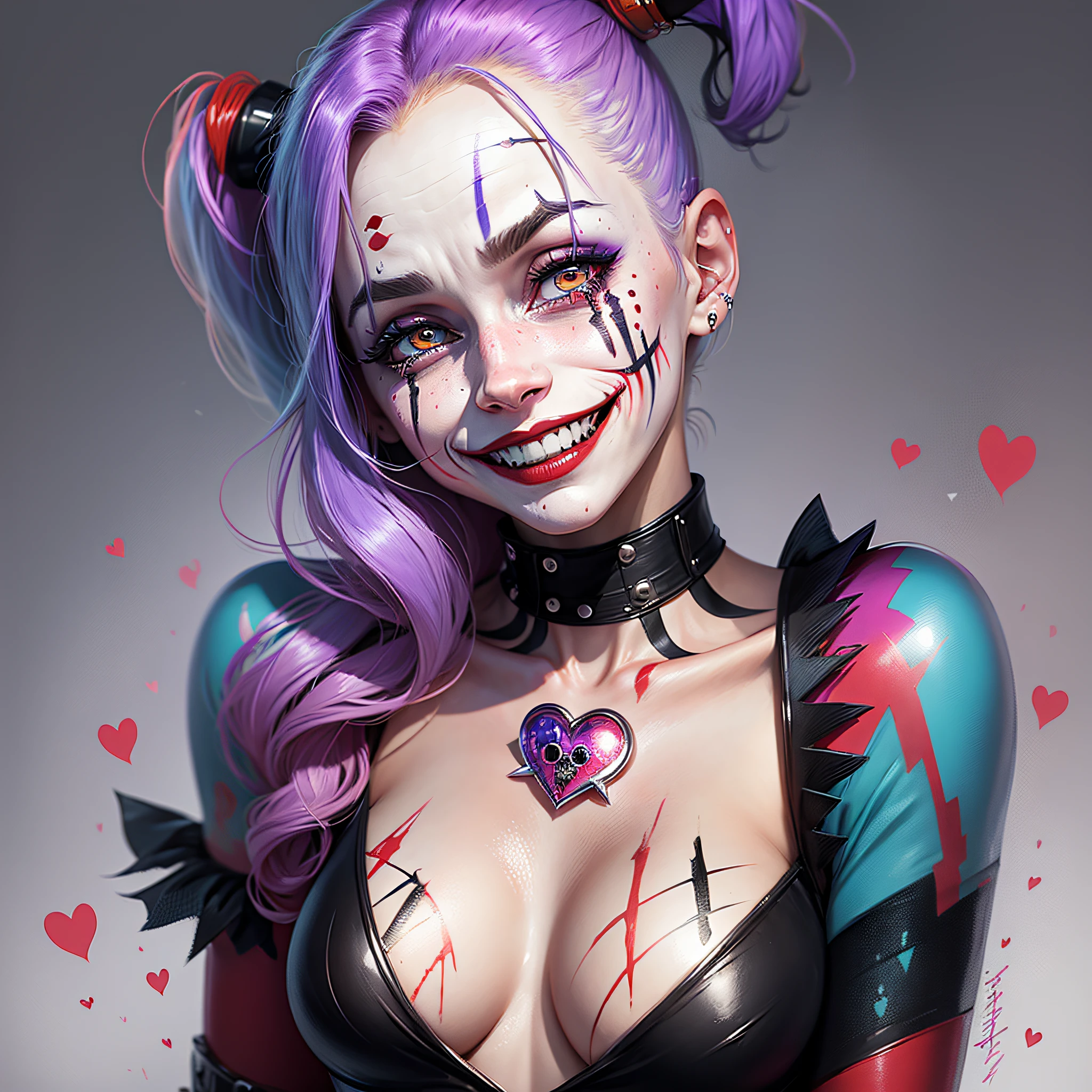 Dark joker woman, sorting sharp teeth, red eyes black outfit, blonde hair with pink and blue tips