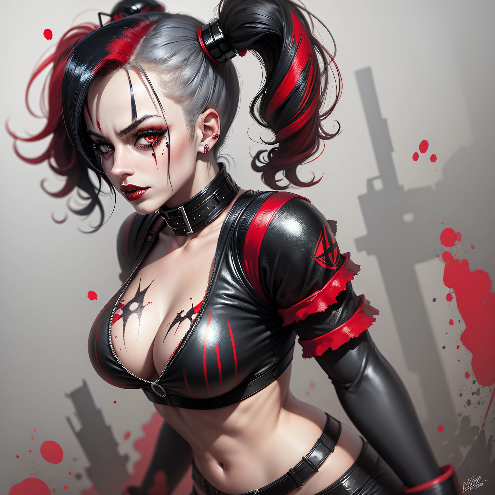 Dark joker woman, sorting sharp teeth, red eyes black outfit, blonde hair with pink and blue tips