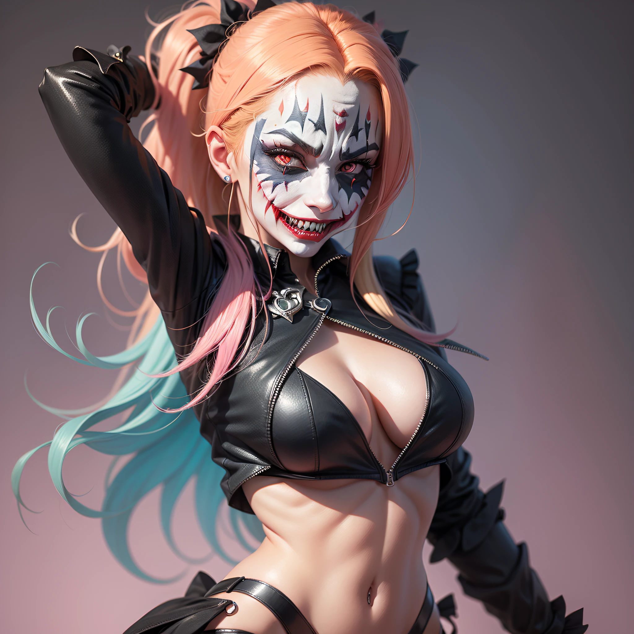Dark joker woman, sorting sharp teeth, red eyes black outfit, blonde hair with pink and blue tips