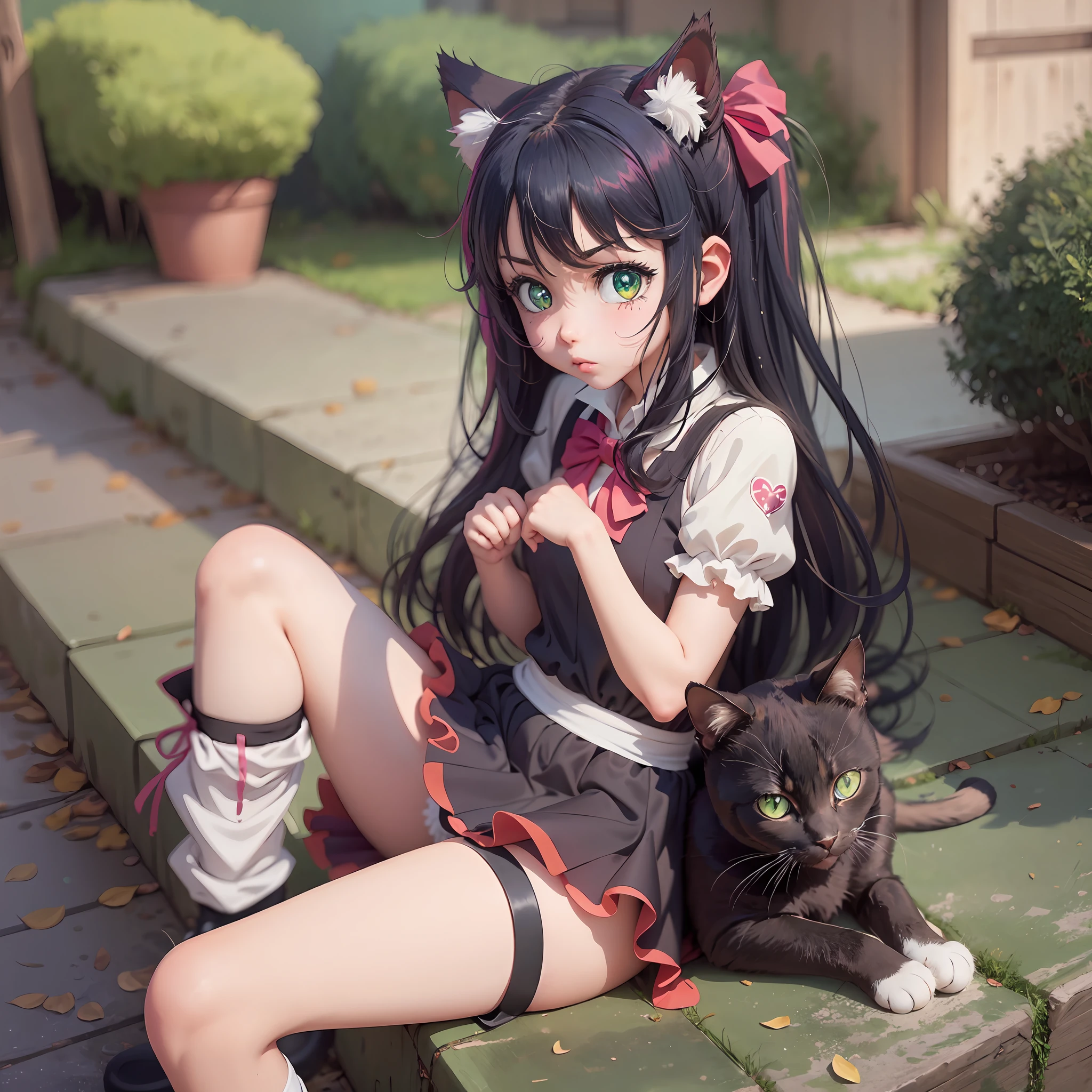 (full hd 4k), Anime girl from the anime "Show by rock" Blue, green eyes, black hair, black cat ears, sexy dress, jealous, red cheeks, ((cat ears lowered)), pouting lips, anime character with cat ears, cute anime cat girl, anime cat girl, anime cute cat visual image, anime catgirl in maid costume, pin on anime, anime cat, very beautiful anime cat girl, beautiful anime cat girl,  Anime visual image of a cute girl