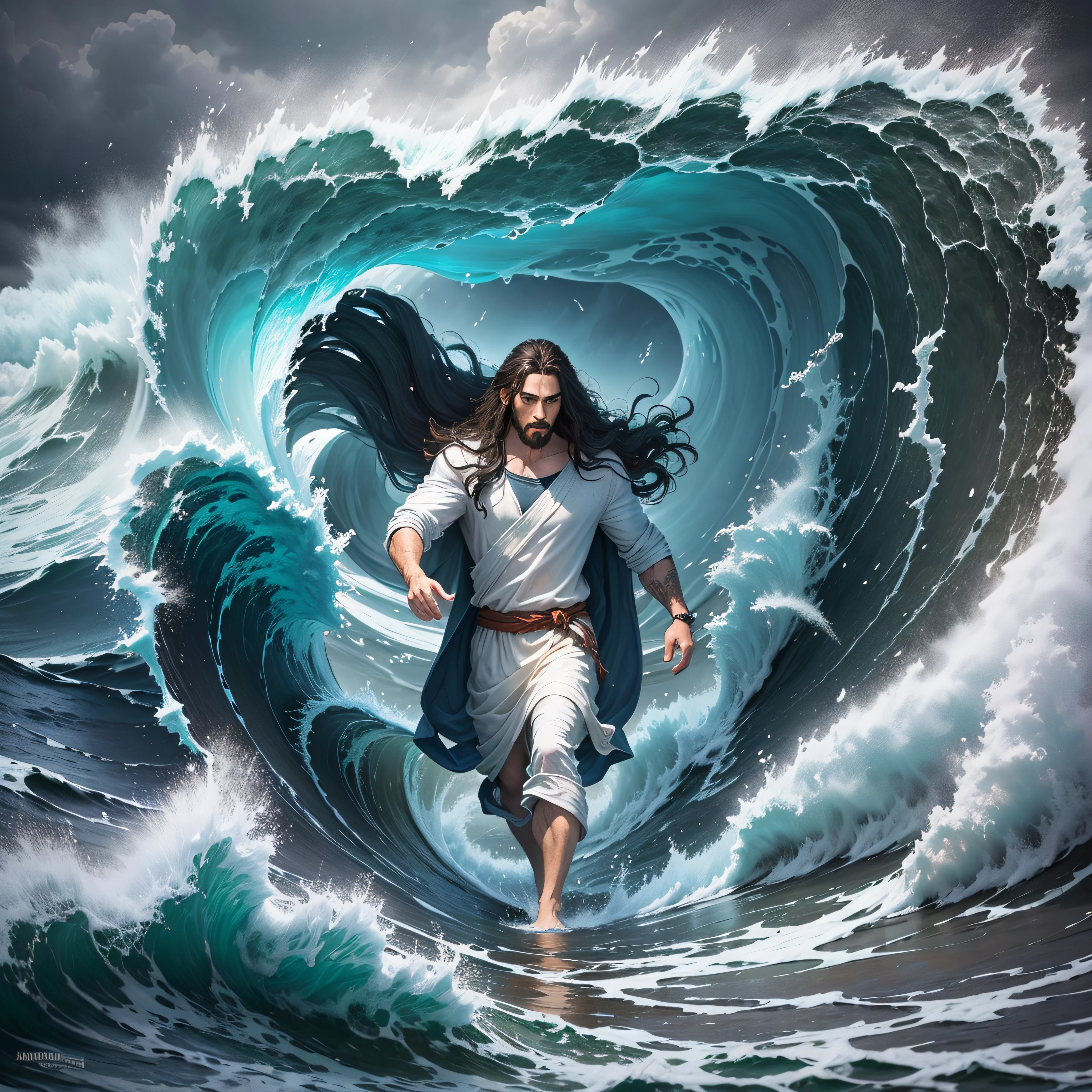 Jesus gigantic wrapped in a white cloak emerging from the waters of the ocean in front of a vortex, magical portal in the illuminated sky, crossing the waters above the sea, with gigantic, huge waves, illustration in pen and ink, inspired by Ren Xun, pen and ink work. Sharp focus, tremendously artistic, outstanding, award.