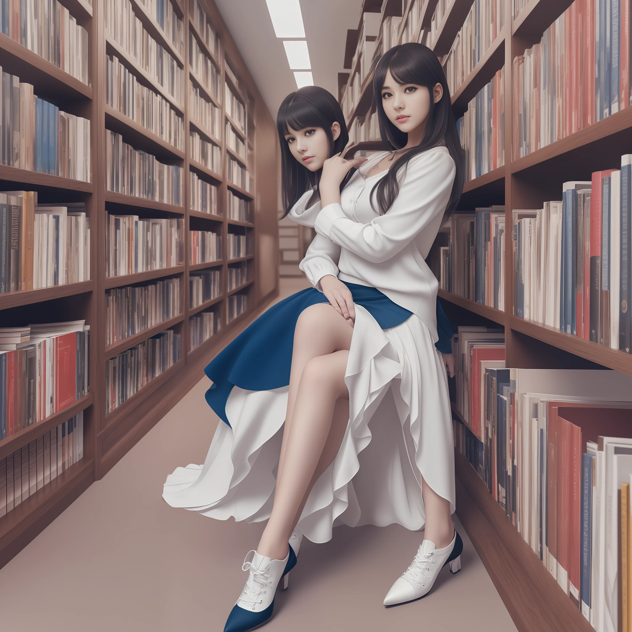 (8K, RAW, professional, best quality, masterpiece:1.2), (realistic,photorealistic:1.37), ultra-detailed, (portrait), (highest detailed skin:1.2), (highest detailed face:1.2), cinematic lighting, 1girl, pale light, 22 year old beautiful gravure idol, white blouse, blue skirt, loose wavy black hair, white ankle socks, high heels, library background --auto --s2