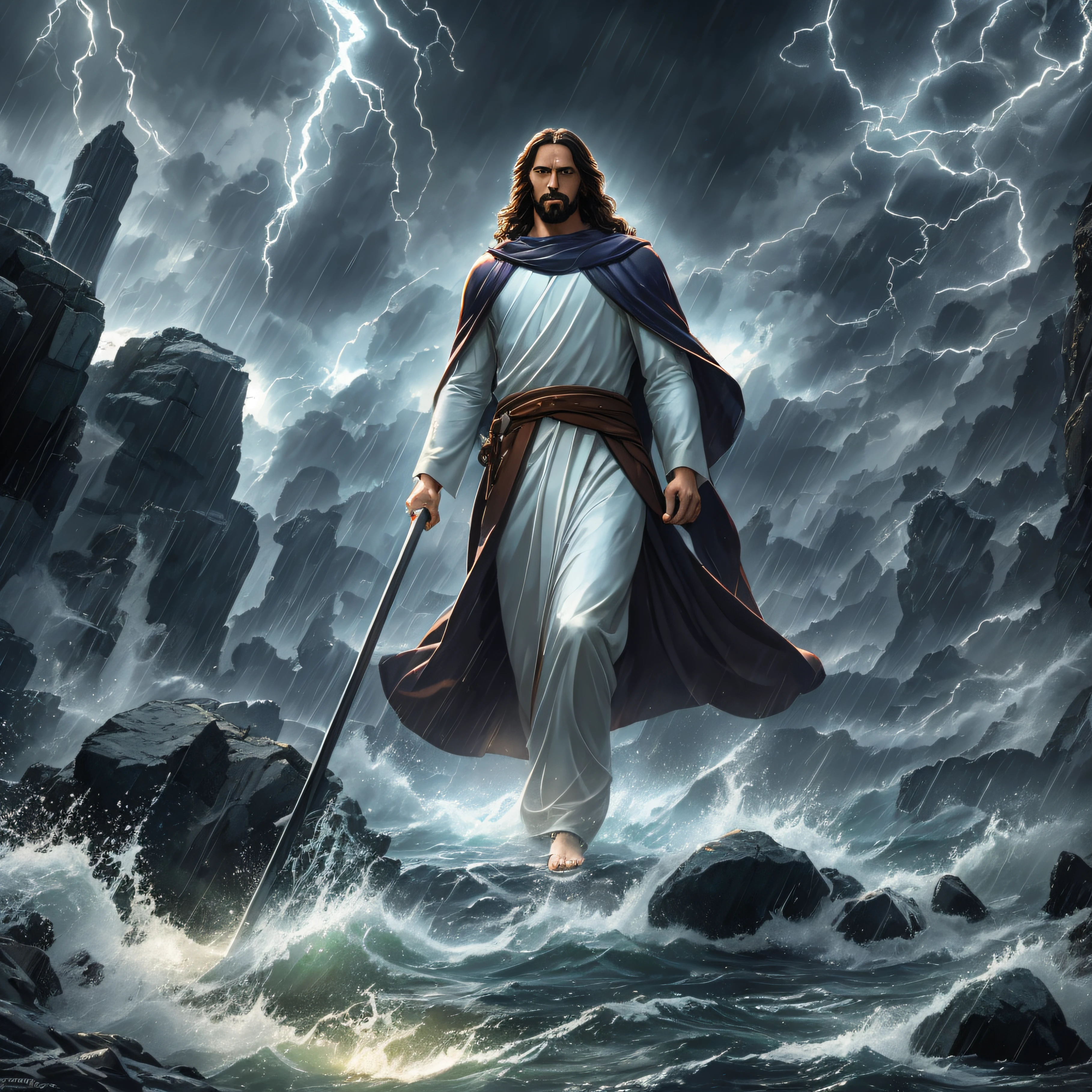 Jesus gigantic wrapped in a white cloak emerging from the waters of the ocean in front of a vortex, magical portal in the illuminated sky, crossing the waters above the sea, with gigantic, huge waves, illustration in pen and ink, inspired by Ren Xun, pen and ink work. Sharp focus, tremendously artistic, outstanding, award.