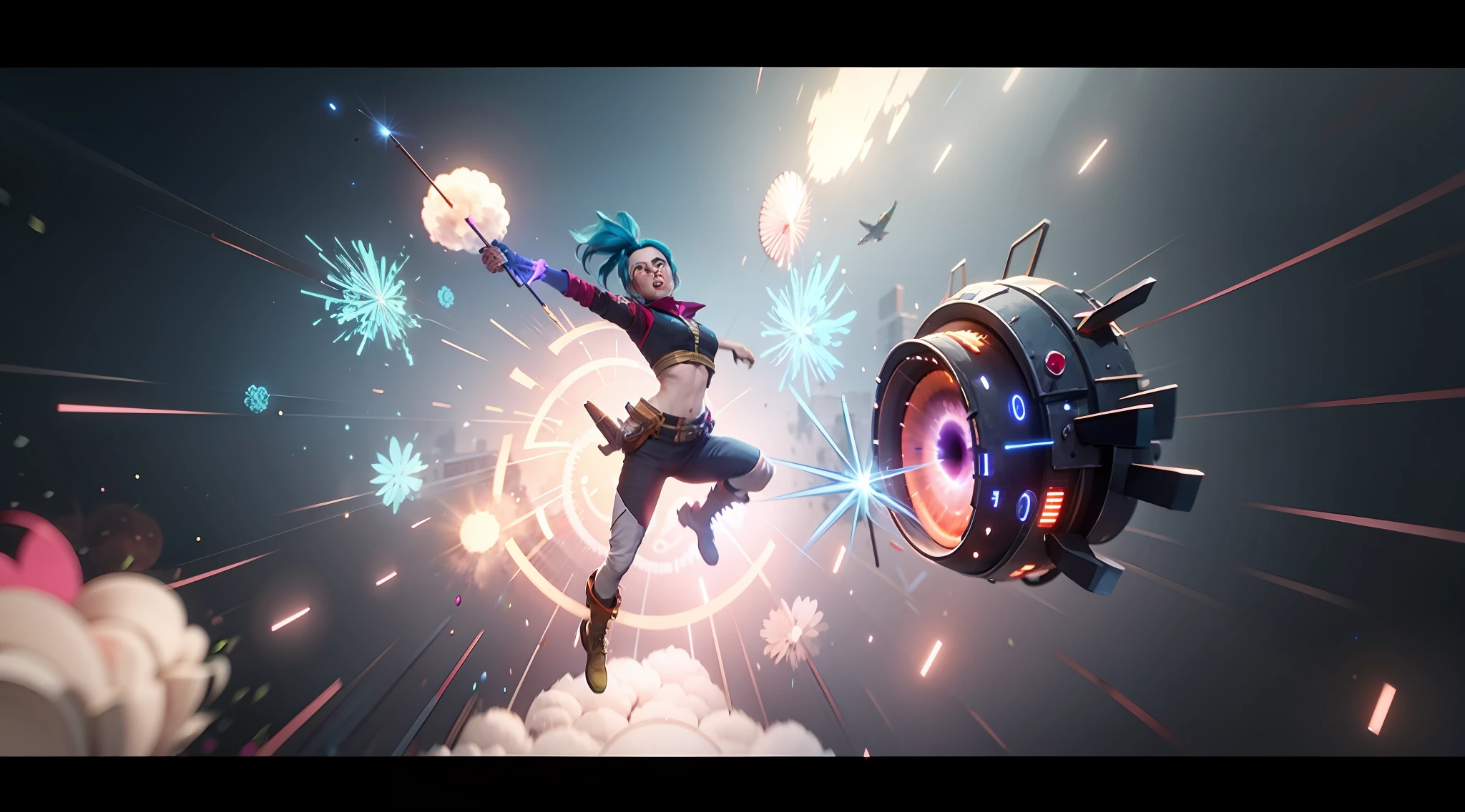 jinx woman, shooting in the air sideways, jump to turn movement, in the middle of an arcane war, paronamic, VFX, made by RIOT, 16k, nit, vivid colors, particles, made in blender