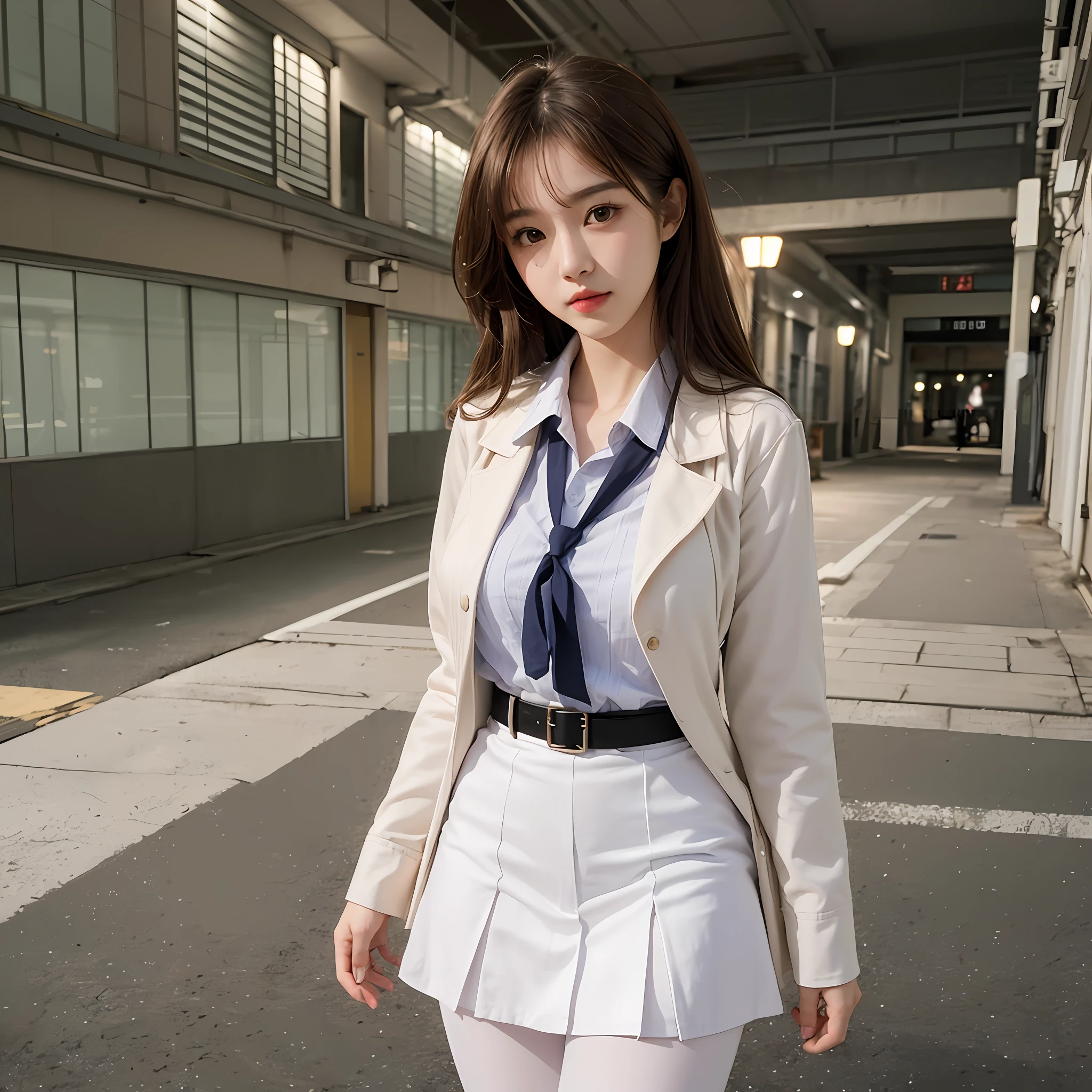 ((Night view.), realistic light, best qualit, Masterpiece:1.3)), 1girle, Beautiful woman with a slim figure: 1.4, (brown hair, Huge breasts: 1.4), Floor, Super detailed face, Detailed eyes, Double eyelidd, Asian woman posing for photo pink dress and white shirt, Japanese school uniform for girls, korean girl, japanese school uniform, Loose jacket collar sailor uniform, sakimichan, Amazing student uniforms, White fashion clothing, ulzzang, wearing japanese school uniform, Stylish white tights set, cute kawaii girl, Korean female fashion model, moaning, Bloom!, 8k --auto --s2