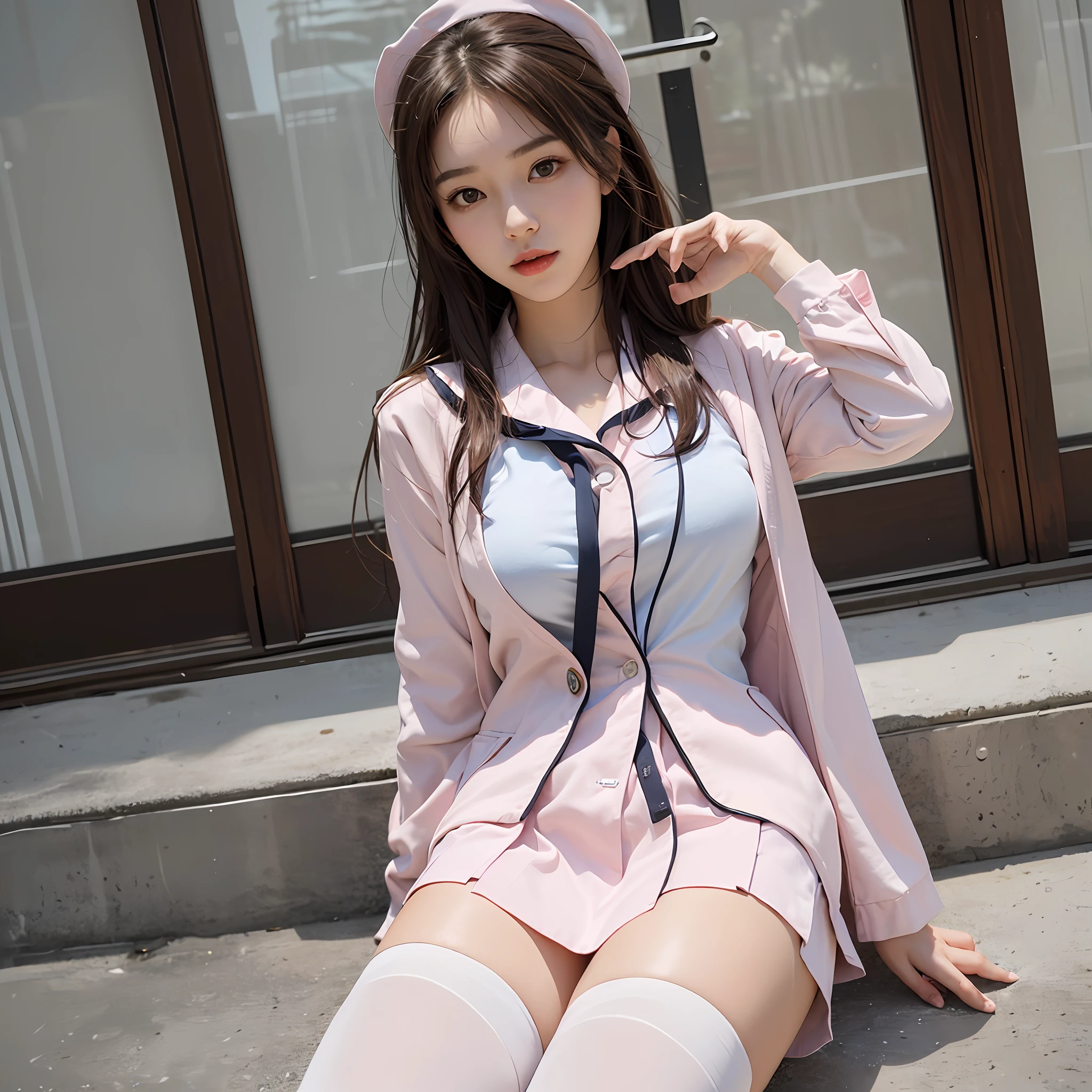 ((Night view.), realistic light, best qualit, Masterpiece:1.3)), 1girle, Beautiful woman with a slim figure: 1.4, (brown hair, Huge breasts: 1.4), Floor, Super detailed face, Detailed eyes, Double eyelidd, Asian woman posing for photo pink dress and white shirt, Japanese school uniform for girls, korean girl, japanese school uniform, Loose jacket collar sailor uniform, sakimichan, Amazing student uniforms, White fashion clothing, ulzzang, wearing japanese school uniform, Stylish white tights set, cute kawaii girl, Korean female fashion model, moaning, Bloom!, 8k --auto --s2