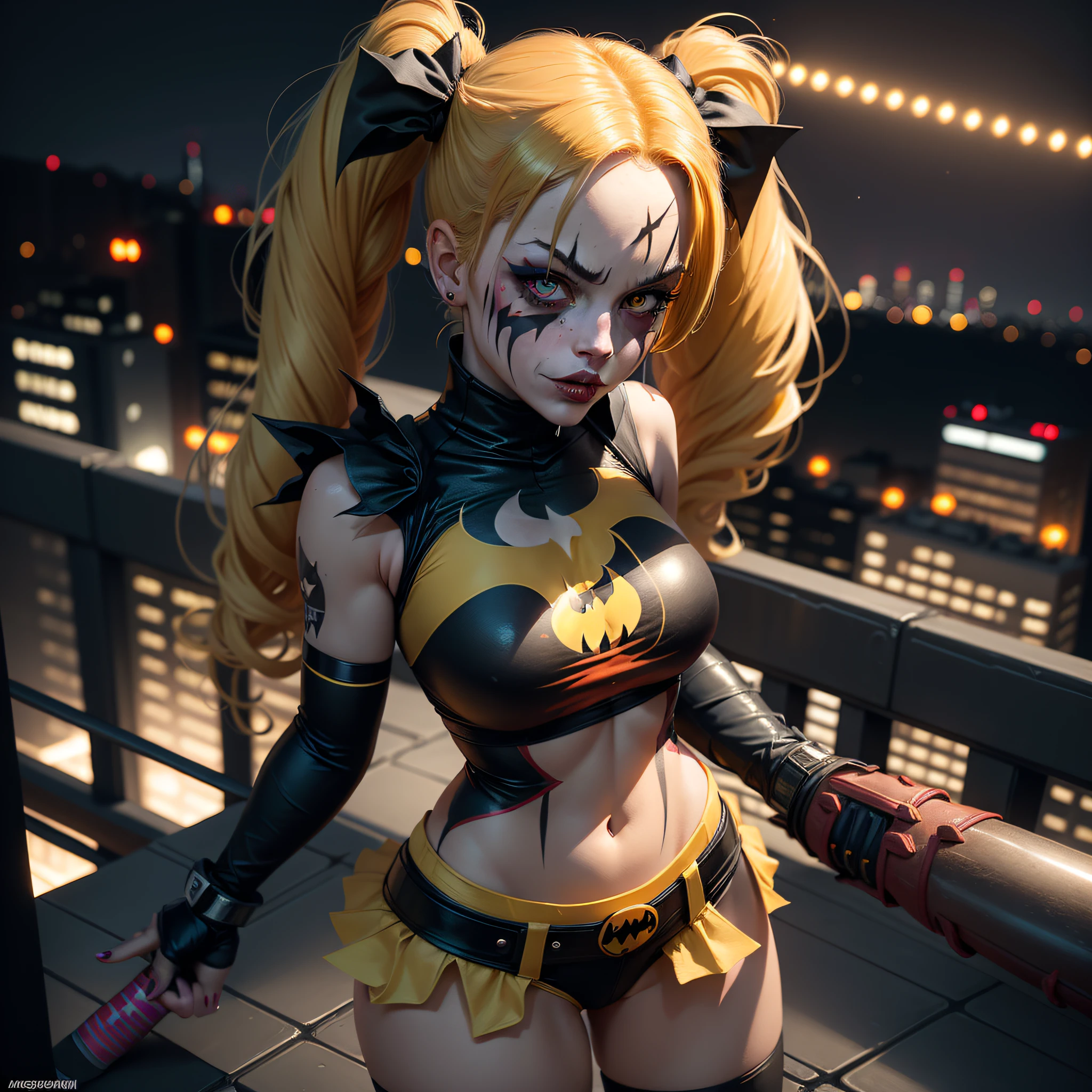 Dark joker woman, sorting sharp teeth, red eyes black outfit, blonde hair with pink and blue tips