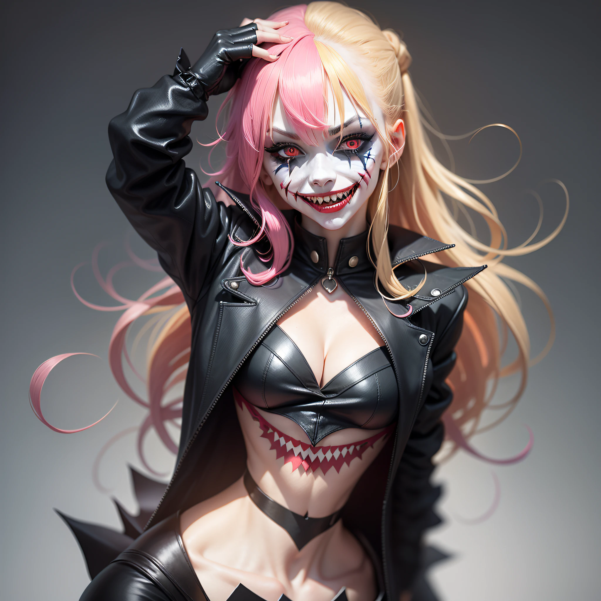 Dark joker woman, sorting sharp teeth, red eyes black outfit, blonde hair with pink and blue tips