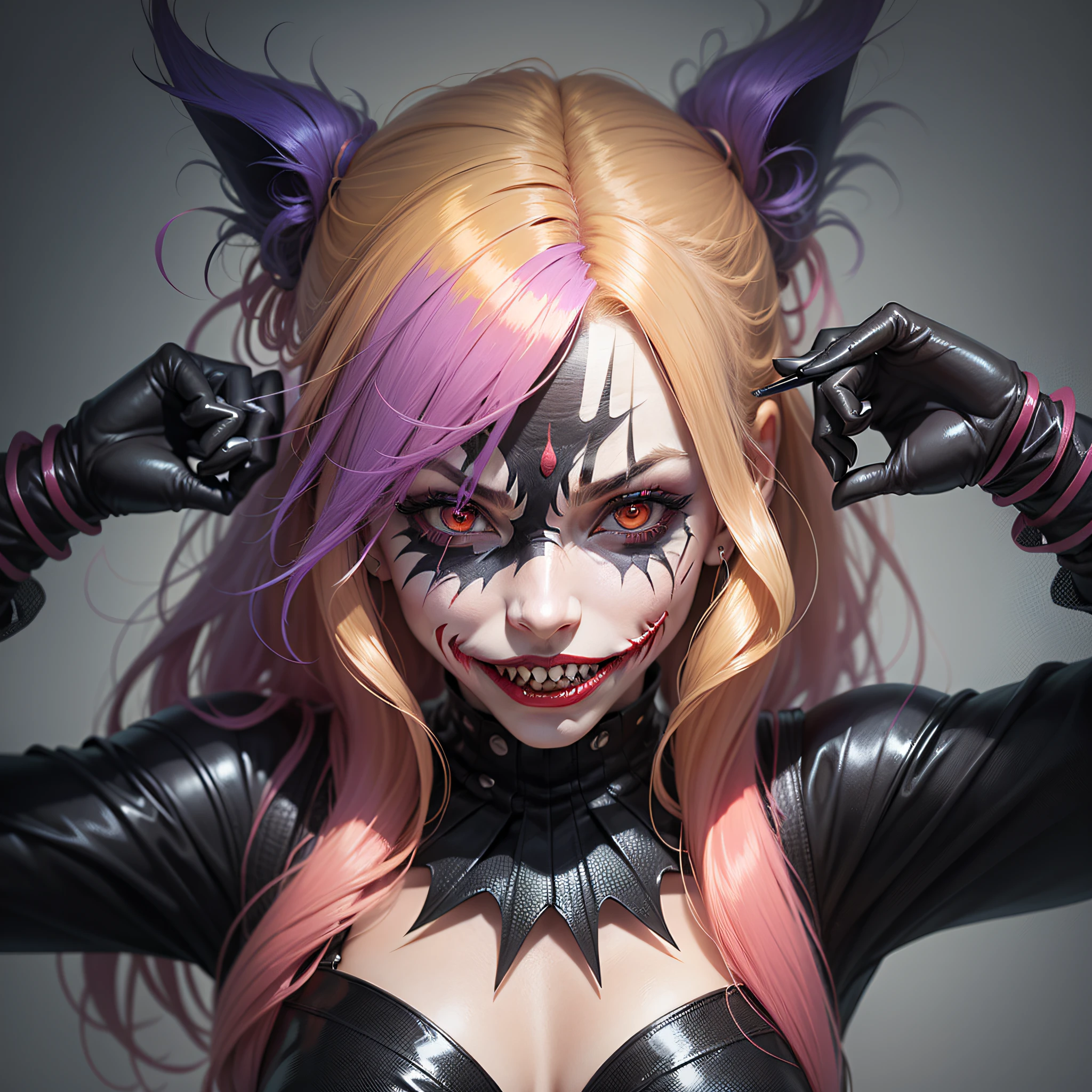 Dark joker woman, sorting sharp teeth, red eyes black outfit, blonde hair with pink and blue tips