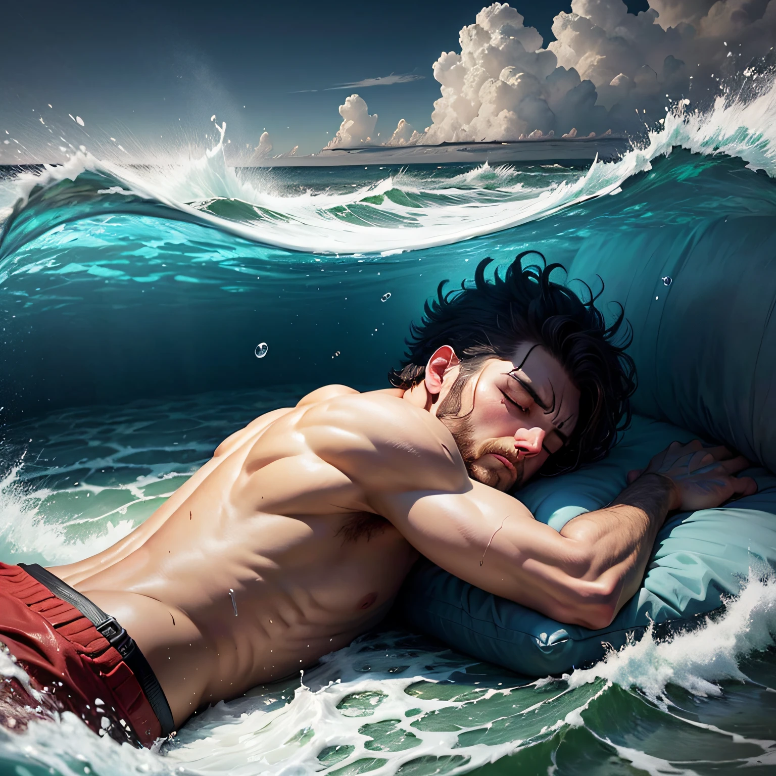 Man sleeping on mattress in a rough sea --auto