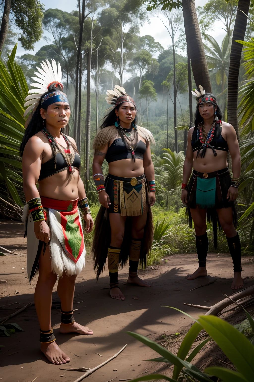 5 indigenous, Warriors of the Amazon, in the middle of the forest, action