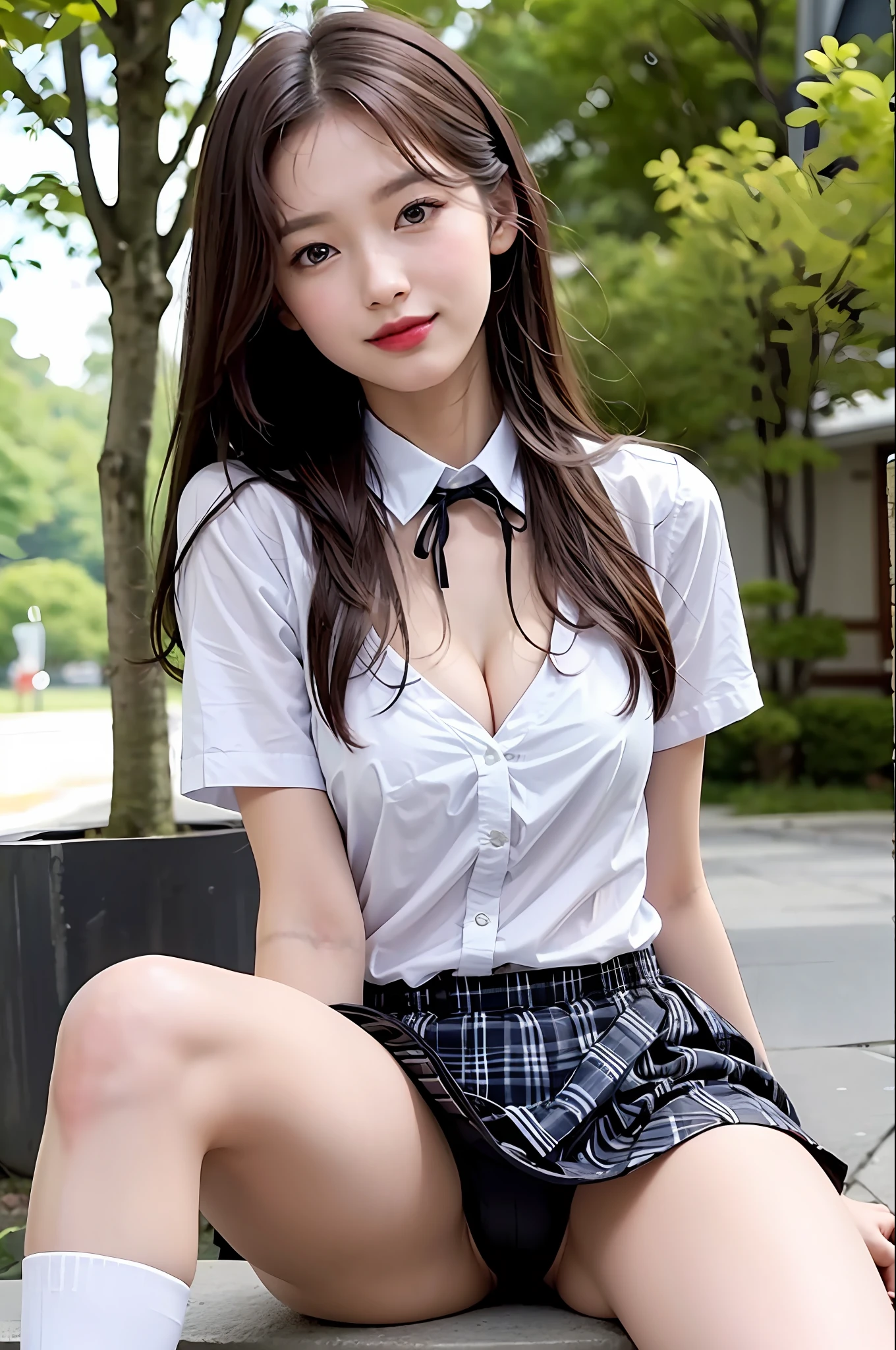NSFW, 8K raw photo, Best quality, Masterpiece, Ultra High Definition, Film Grain, filmg, 1girl, Look Viewer, Natural Skin Texture, Realistic Eyes and Face Details, Full Lips, Lipstick, (Makeup), Red Eyeshadow, Wavy Hair, Smile, Close Mouth, Beautiful Legs, Tall Woman, Skinny, slim_legs, Solo, Cleavage, , Ultra Short Skirt, Small Ass, Shirt, Beautiful natural places, Around flower position, (detailed background), Plaid skirt, White shirt, Big cleavage, Show a little cleavage through shirt, Loafers, Blurred background, Blurred, Holding, Plaise, Short sleeves, JK ribbon around the neck, JK ribbon, Brown hair, Bracelet, Water, Bangs, Uniform, Jewelry, Parted lips, Lips, ((Pleated skirt)), depth of field, panties, ((())), thin thighs, ((socks up to black thighs)), cute face, spread legs, sexy pose