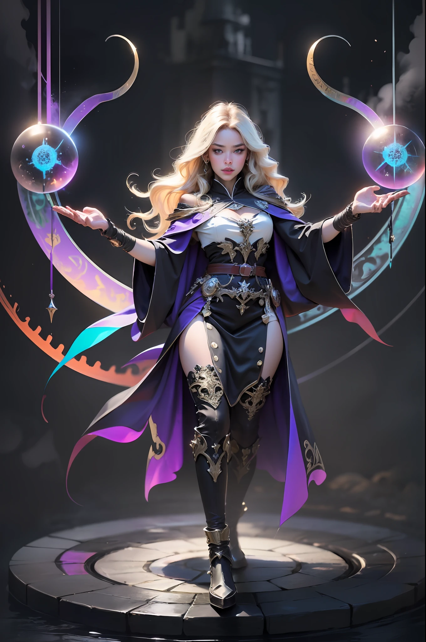 (((extremely detailed face))),(((best quality)))1 woman, 8k, a beautiful blonde sorceress in black clothing, black cape with purple details and high boot, standing on a platform, ((standing and front)), looking at the viewer, (extremely intricate robes, magic robes), more detail in the magic circle in the background, magic circle, casting a spell,  black aura,costume cloak, spell pose, female wizard conjuring a spell, magic, purple and black, night, purple star talisman, pores detailed, arms open