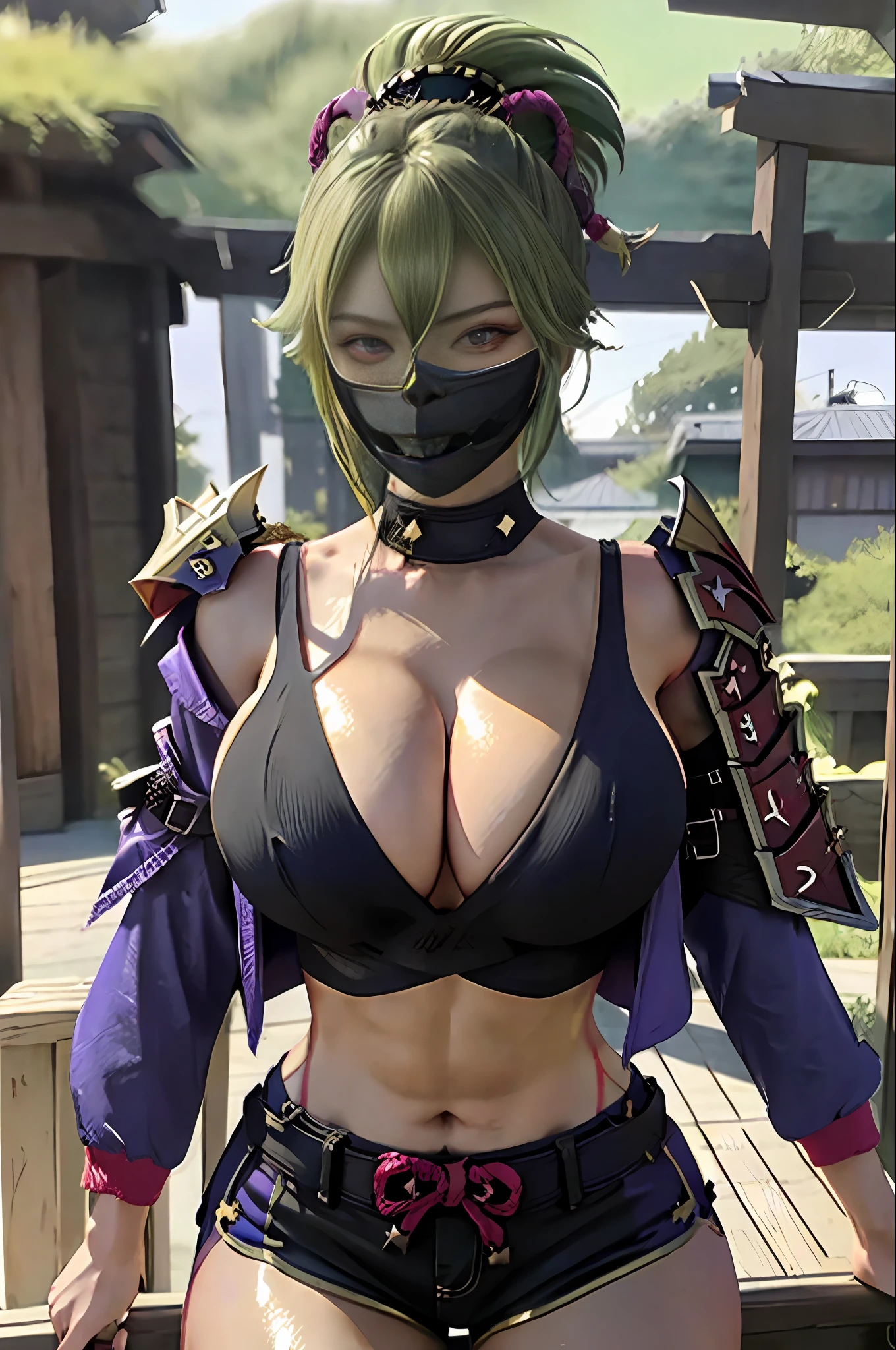 masterpiece, best quality, highres, beautiful face, top body is hyper realistic thicc muscle and hyper largest_breasts!! with the type of boobs_melons, lower is huge buttocks, shiny body, 1girl kuki shinobu, crop top shorts open jacket, armor shoulder armor leg armor, mask