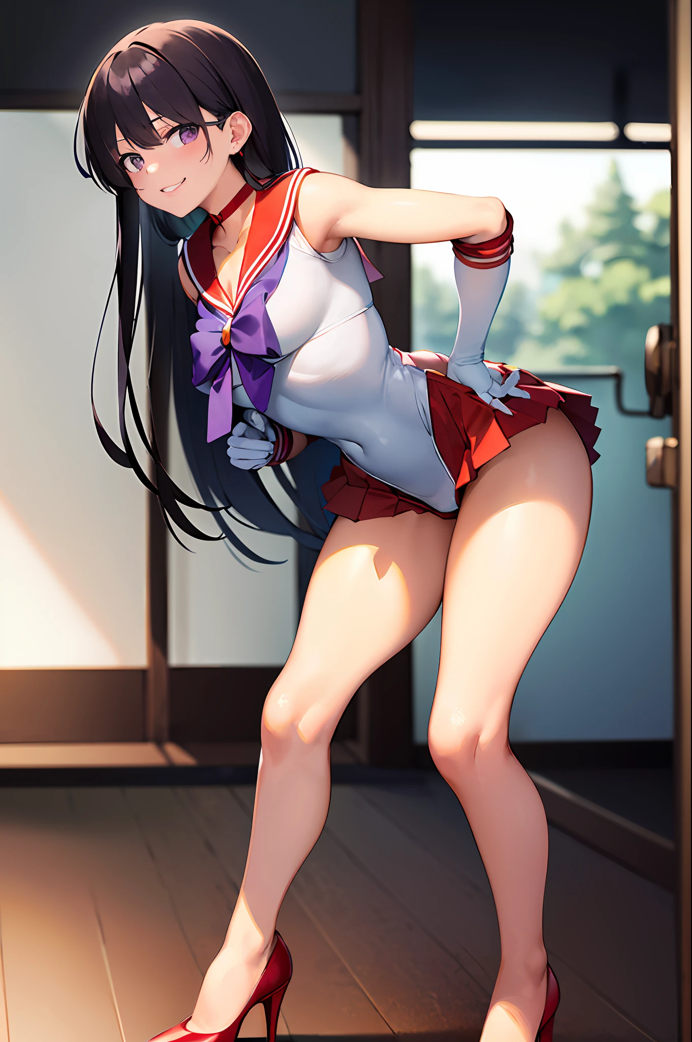 (masterpiece, top quality), high leg, one girl, tiara, skirt, sailor warrior uniform, white gloves, red sailor collar, red skirt, star choker, elbow gloves, pleated skirt, barefoot, collarbone, purple ribbon, (red enamel pin heels: 1.4), (hard 1.4), smile, embarrassed, blush, (squatting on the ground: 1.4), ((crotch wide open from side to side:1.5), ((Open Legs: 1.5)), Staring at the Viewer, (Facing the Viewer: 1.5), (View Crotch Wide Open: 1.5), (Arms Behind Head: 1.4), (Arms: 1.4), (Armpits: 1.4), (Front of Body: 1.5), Low Camera Position, (Perfect Legs, Perfect Arms, Perfect Fingertips), (Hard Squeeze Into the Crotch,:1.4), (Show Off Crotch: 1.4),