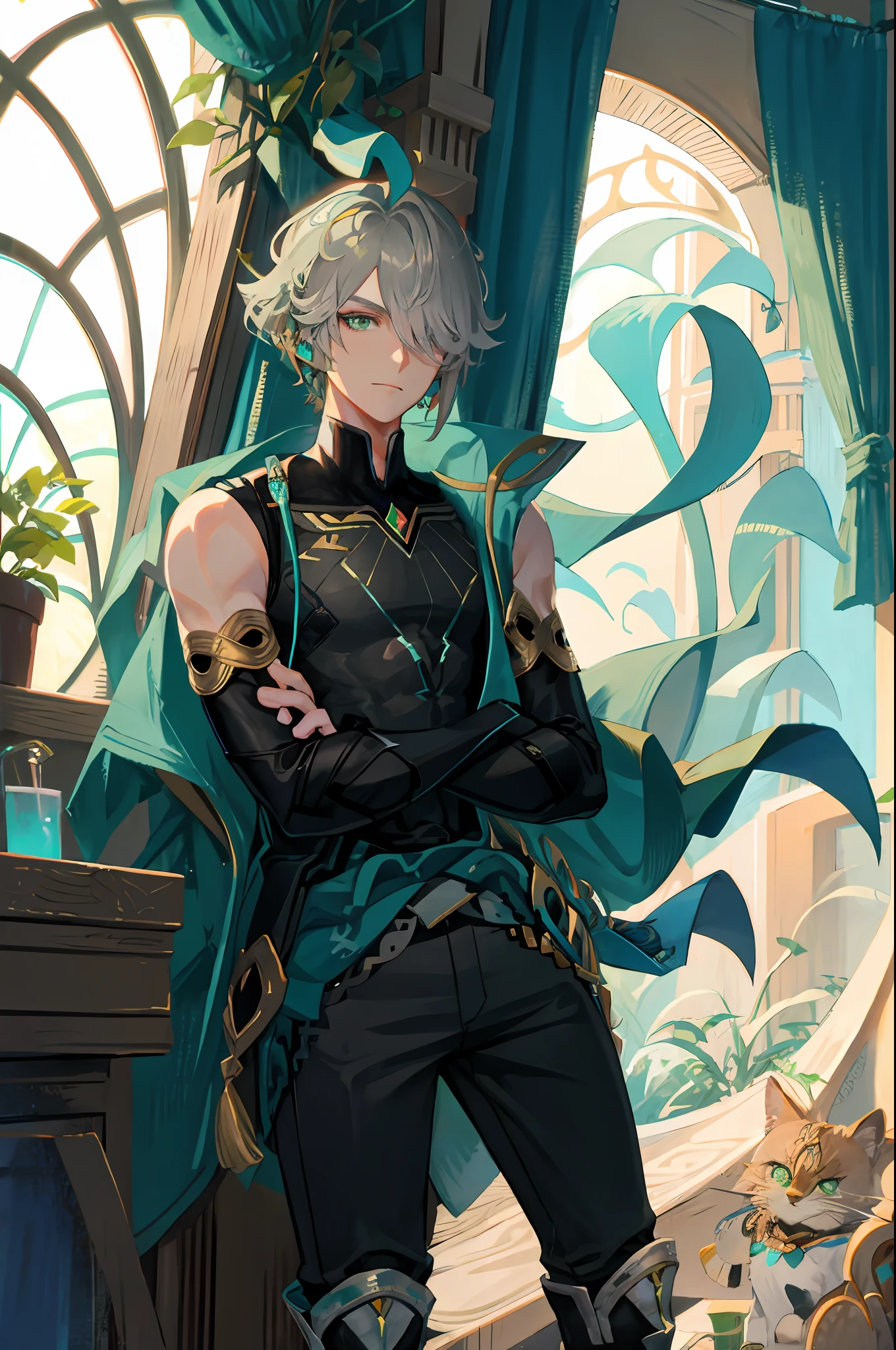 masterpiece, best quality,alhaitham\(genshin impact\), 1boy, male focus, window, shirt, solo, gloves, sleeveless shirt, grey hair, green eyes, sleeveless, ahoge, curtains, black shirt, bangs, hair over one eye, black gloves, indoors, fingerless gloves, black pants, pants, swept bangs, boots, bare shoulders, short hair, elbow gloves,(kbxll:0.6), detailed, focus on face, accurate face, ((crossed arms)), standing