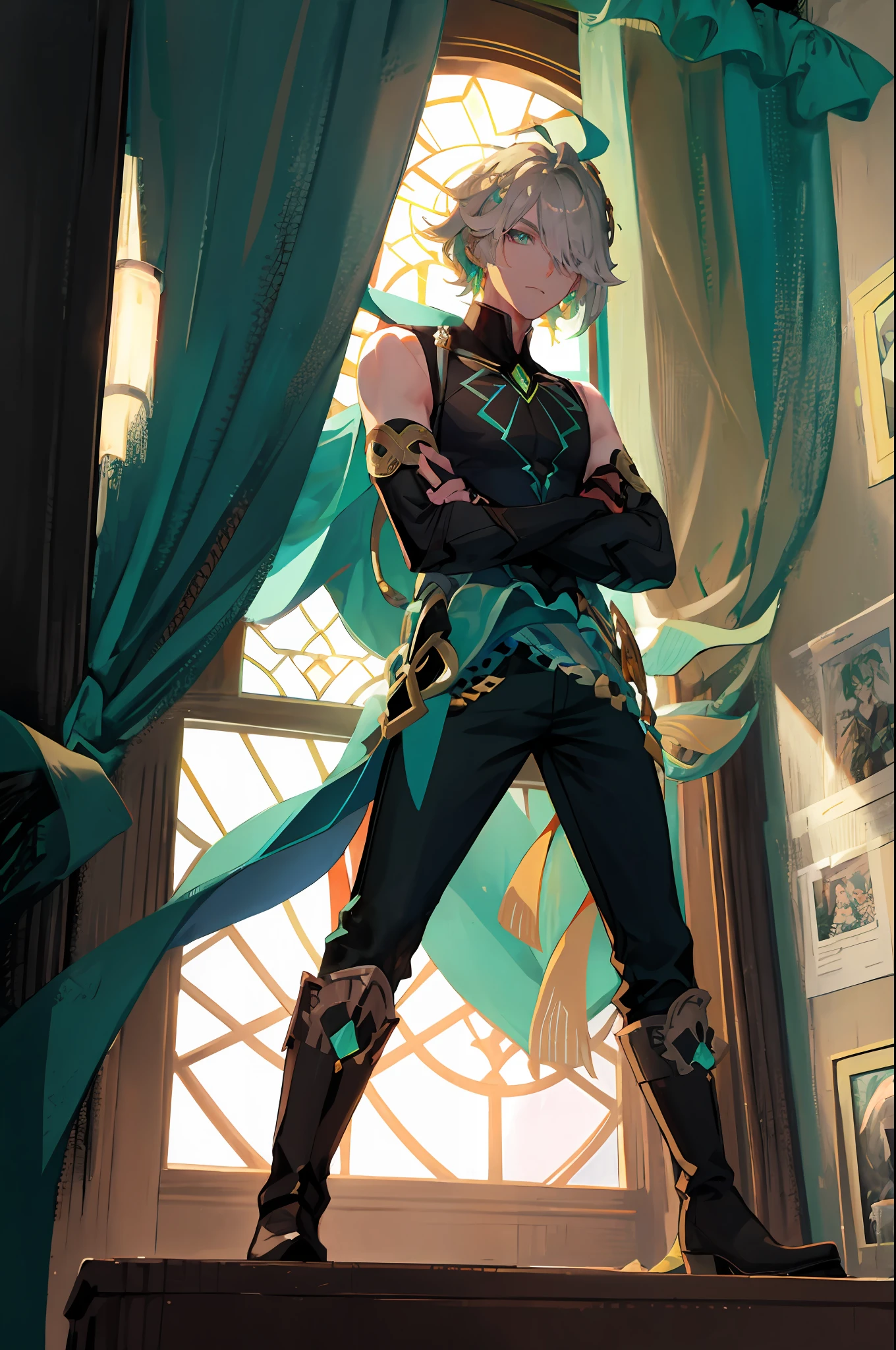 masterpiece, best quality,alhaitham\(genshin impact\), 1boy, male focus, window, shirt, solo, gloves, sleeveless shirt, grey hair, green eyes, sleeveless, ahoge, curtains, black shirt, bangs, hair over one eye, black gloves, indoors, fingerless gloves, black pants, pants, swept bangs, boots, bare shoulders, short hair, elbow gloves,(kbxll:0.6), detailed, focus on face, accurate face, ((crossed arms)), standing