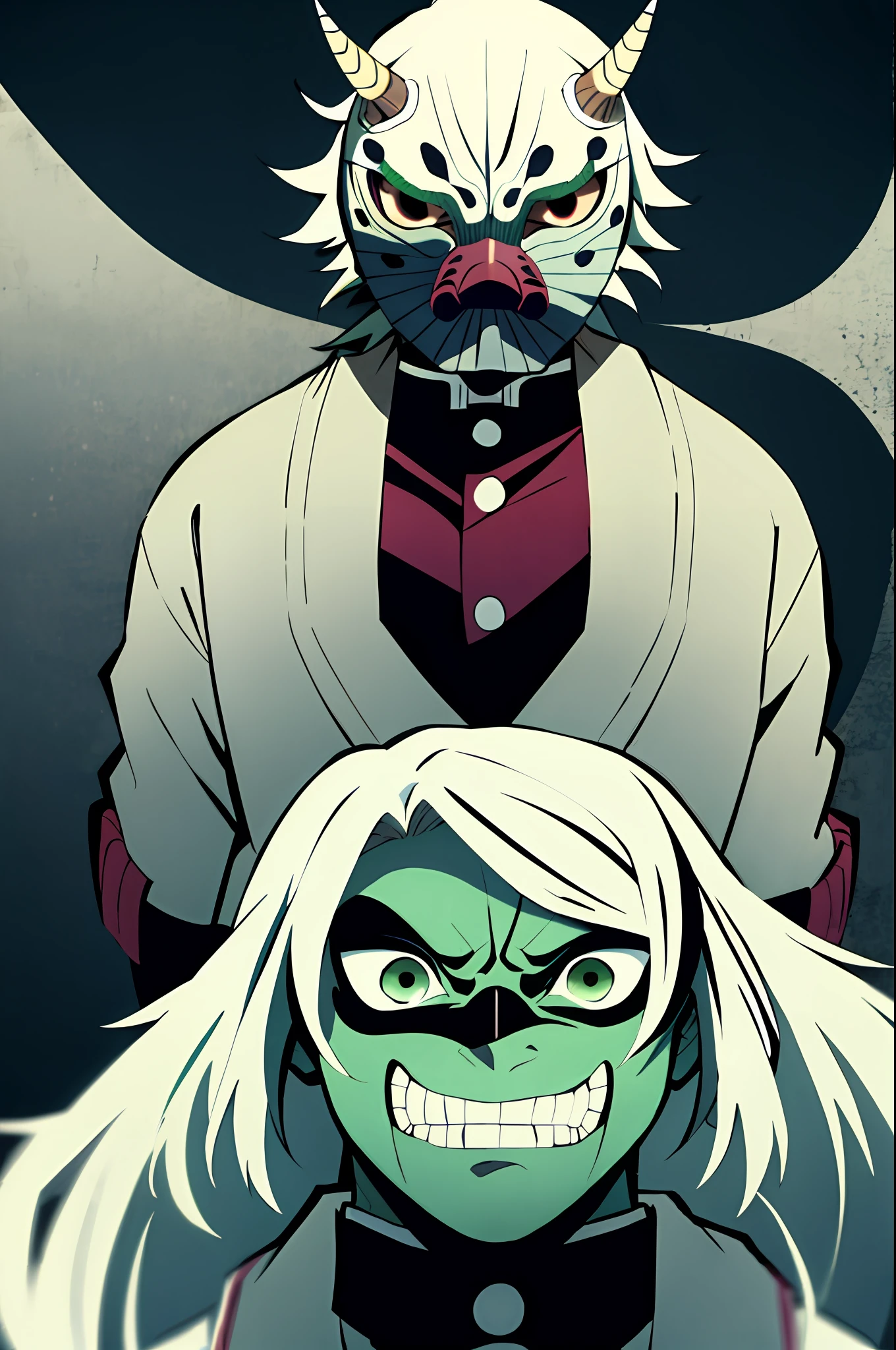 kimetsu in yaiba style, oni, green, white mask, anime coloring, ((masterpiece))