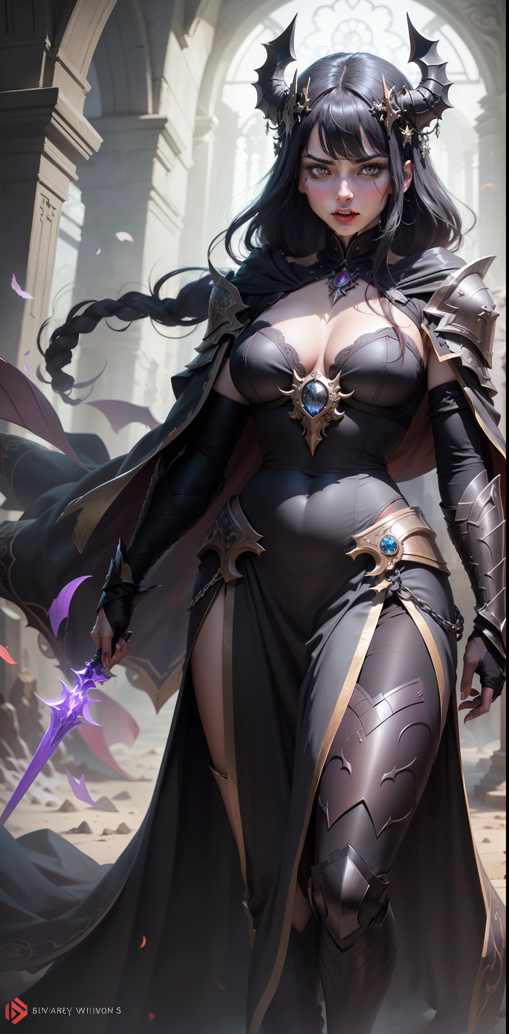 She is known as Lady Morwen, the Shadow Supplicant. Dressed in gleaming black armor, she stands out among the other knights of the dark realm. His helmet has an imposing design, with twisted horns that extend into the sky like sharp claws. His face is hidden by the shadows, but it is possible to glimpse burning eyes, a deep red, emanating a sinister aura His armor is adorned with silver details, intricate carvings that draw ancient and mysterious symbols. The breastplate has a central plate with the figure of a winged dragon, while its claws stretch towards the neck of the knight. An angry black cloak floats behind her, like a living shadow dancing in the wind Lady Morwen's mount is a majestic black horse, mane long and silky as ebony. Her eyes are red, echoing the intensity of the knight's eyes. The horse is protected by an equally black armor, decorated with silver ornaments and symbols of power. The horse's helmet possesses a grotesque carved face, representing a hellish creature with sharp fangs and empty eyes As it rides, its presence radiates an aura of dominance and darkness. Black flames dance around his fingers, casting shadows that seem to extend indefinitely. With each step of the horse, the earth shakes, and a shiver runs down the spine of anyone who witnesses its passingLady Morwen wields a black sword studded with rubies, which glows with an evil energy. She is the embodiment of destruction and demonic power, a figure feared by all who oppose her. Her voice, when addressed to her followers, is an icy whisper that echoes in their minds, instilling fear and obedience So Lady Morwen, the Supplicant of the Shadows, rides with majesty and cruelty, spreading darkness wherever she goes. His presence is a constant reminder of demonic dominion,((((whole body)))