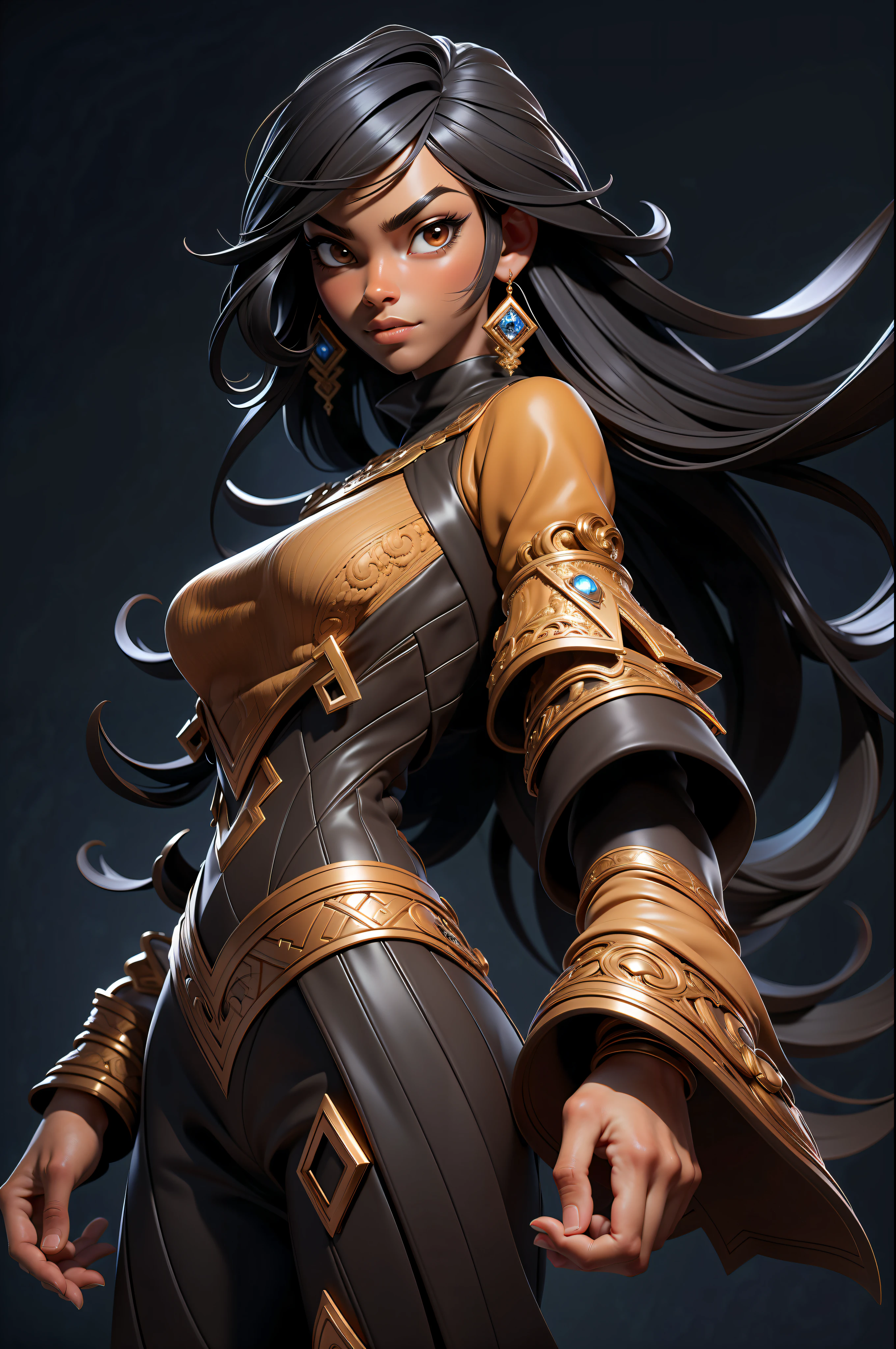 3dmm style,(masterpiece, top quality, best quality, official art, handsome and aesthetic:1.2), (fractal art:1.3), 1girl, handsome, high detailed, dark skin, black hair with a hint of brown, brown eyes, dark lighting, serious face, looking the sky, sky, medium shot, blue sweater, jewelry