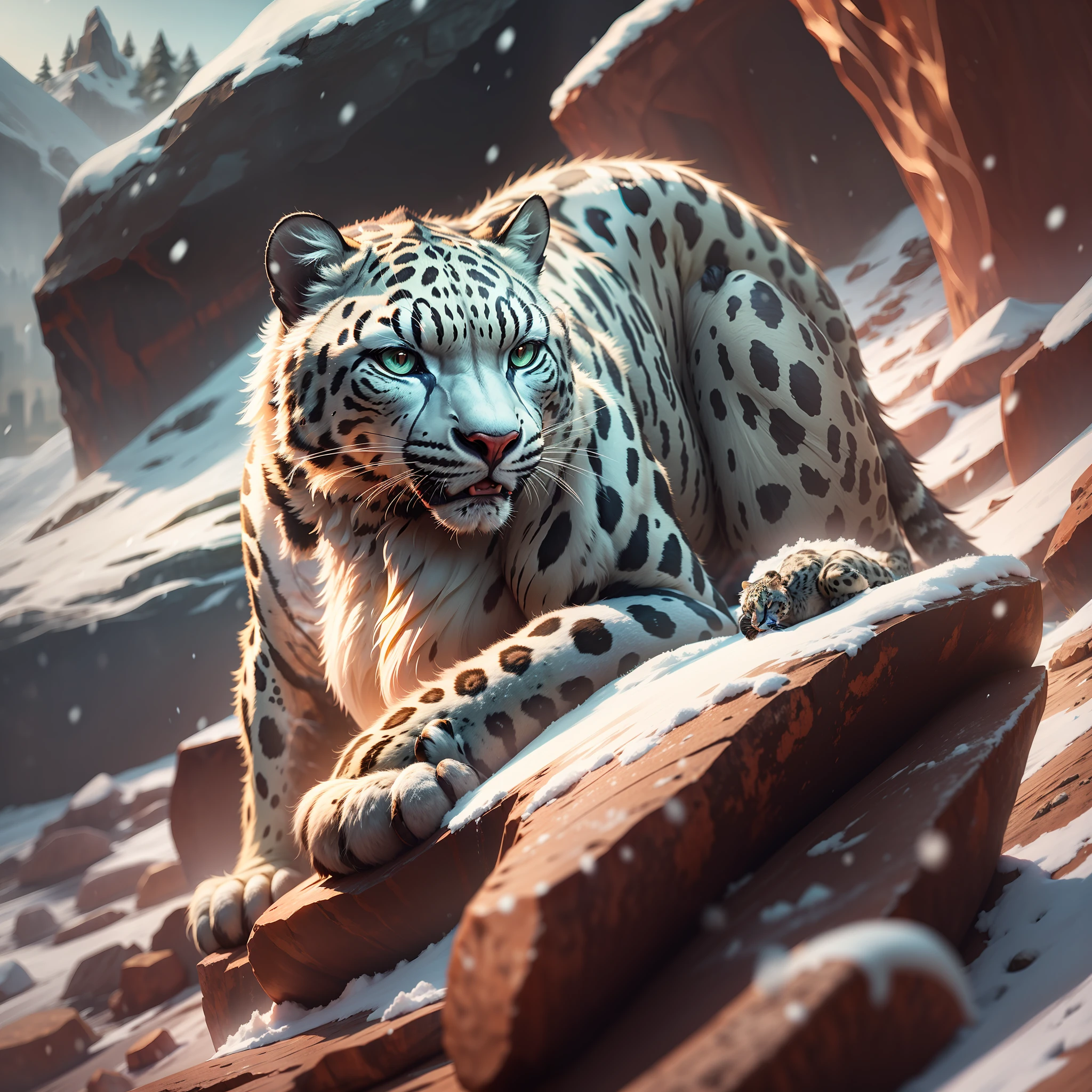 A snow leopard on top of a large rock, cinematic scene