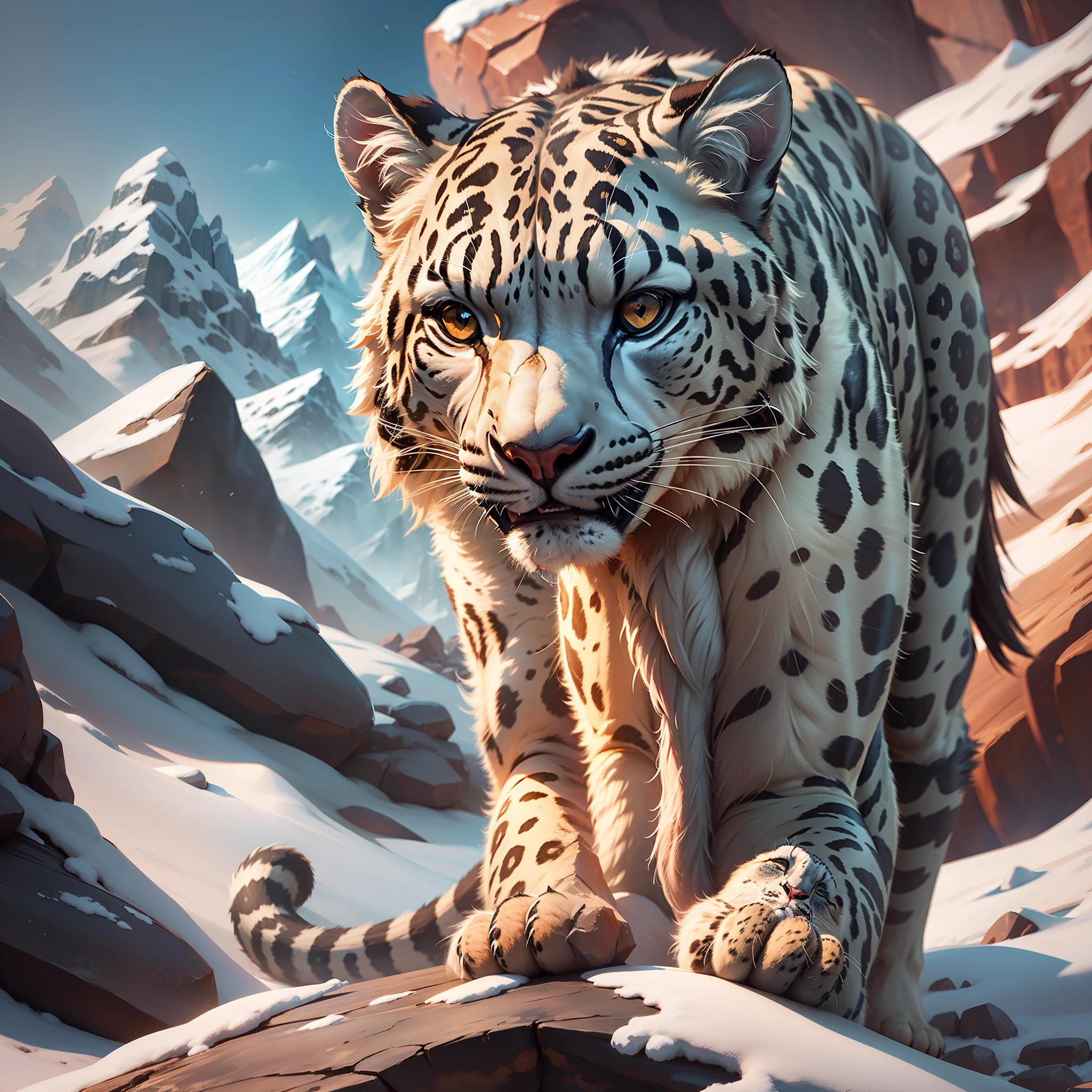 A snow leopard on top of a large rock, cinematic scene