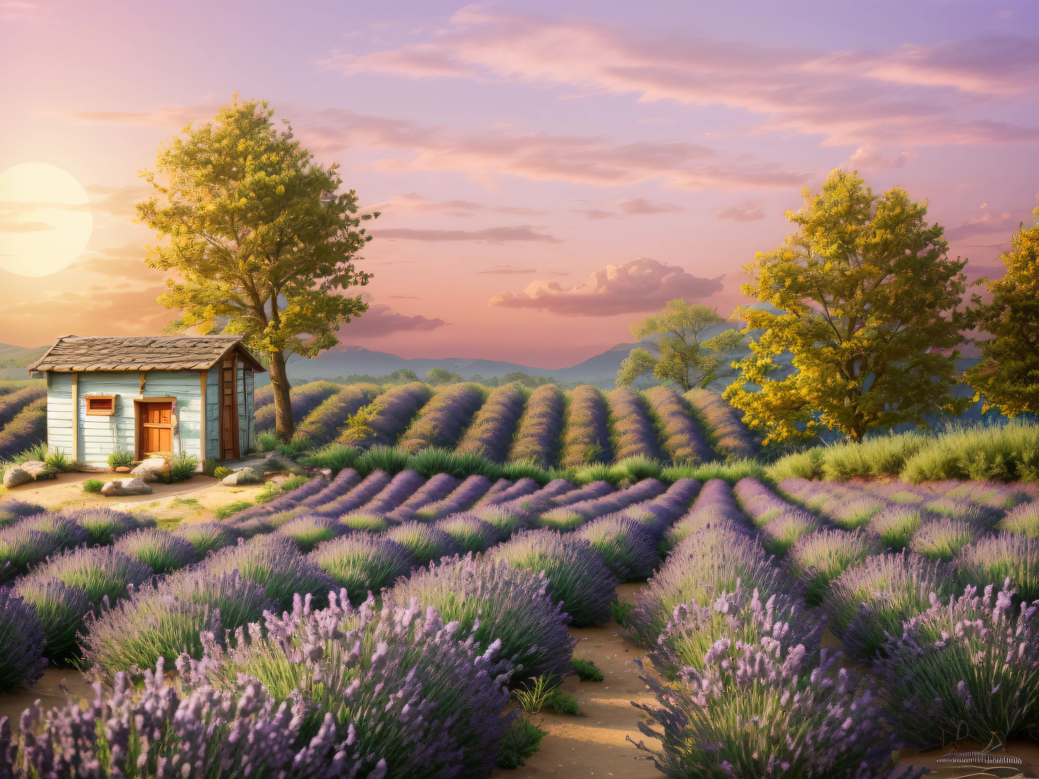 lavender field, small hut, a tree, white sun; pink sky, Pastel Art, Technicolor, 3-Dimensional, Super-Resolution, CGA, Pantone, SFX
