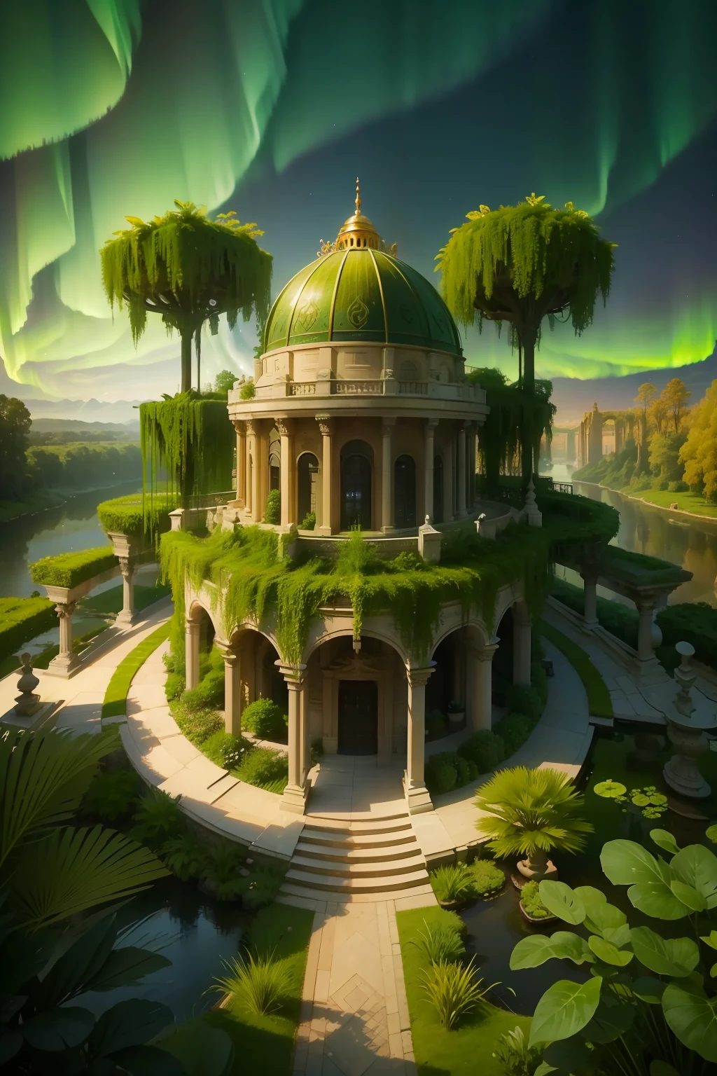 A majestic setting of a lush hanging garden, with classical architecture inspired by the Hanging Gardens of Babylon, illuminated by the colors of a light aurora borealis. Lakes and surrounding forests., high details, award winning, UHD, high quality, 4K