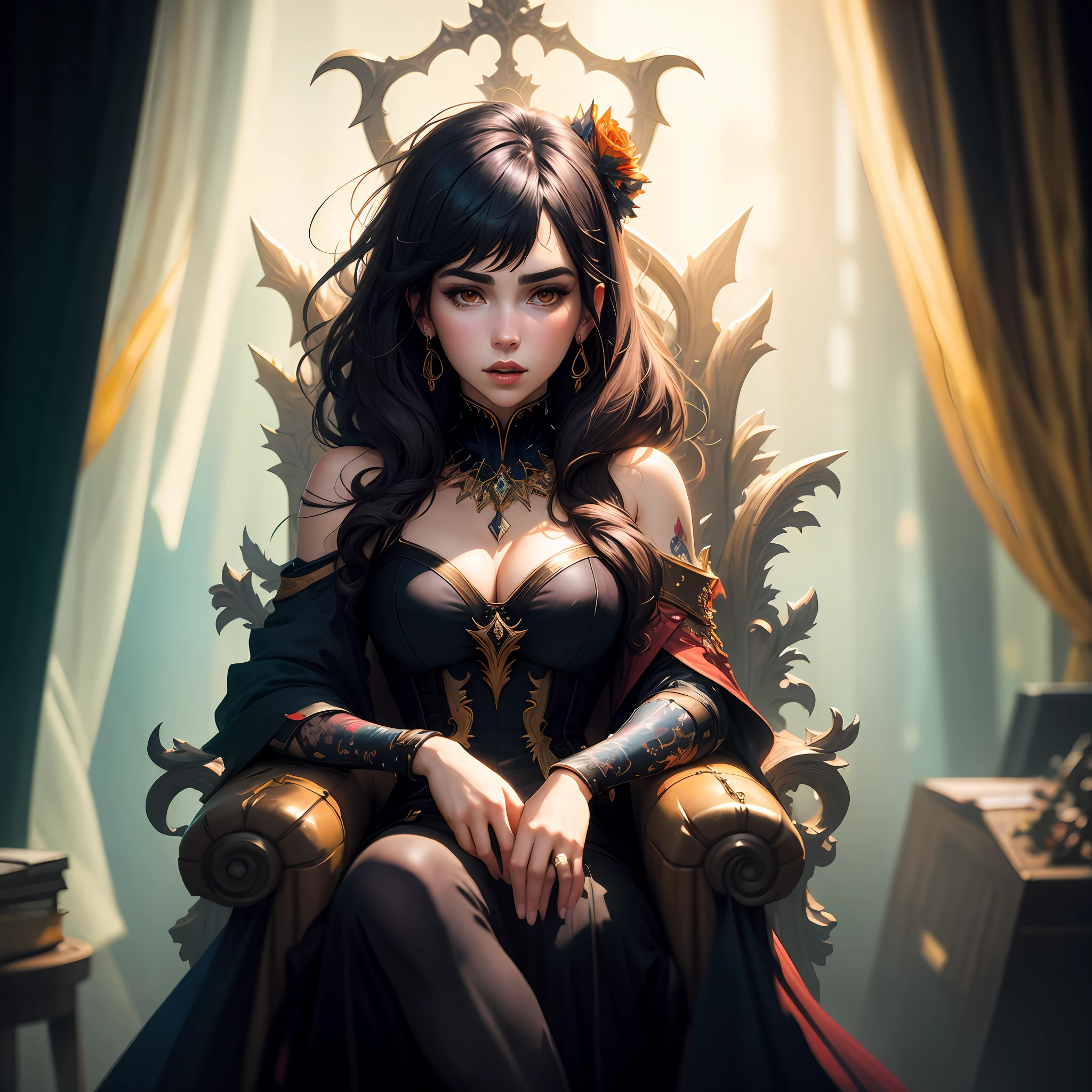 Dua Lipa is a vampire queen, sitting in a throne, pale skin, messy hair, Full body, Beautiful anime waifu style girl,hyperdetailed painting, luminism, art by Carne Griffiths and Wadim Kashin concept art, dark background, abstract beauty, approaching perfection, pure form, golden ratio, minimalistic, dark atmosphere, unfinished, concept art, by Brian Froud and Carne Griffiths and Wadim Kashin and John William Waterhouse, intricate details, 8k post production, high resolution, hyperdetailed, trending on artstation, sharp focus, studio photo, intricate details, highly detailed, by greg rutkowski