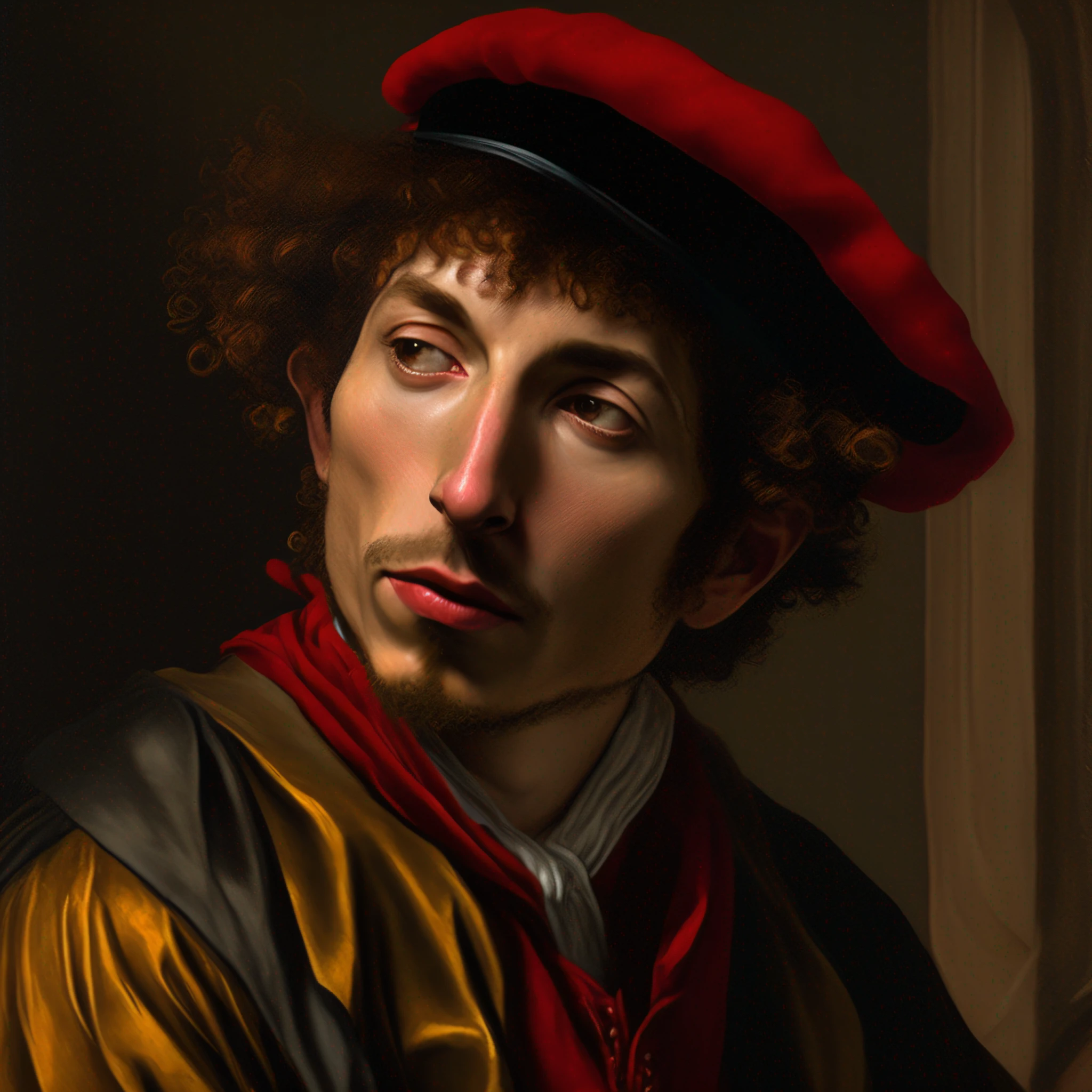 a man ((BOb dylan )) with a red beret by caravaggio, in the style of botticelli-esque figures, post-'70s ego generation, exquisite clothing detail, spot metering, 500–1000 ce, golden age aesthetics