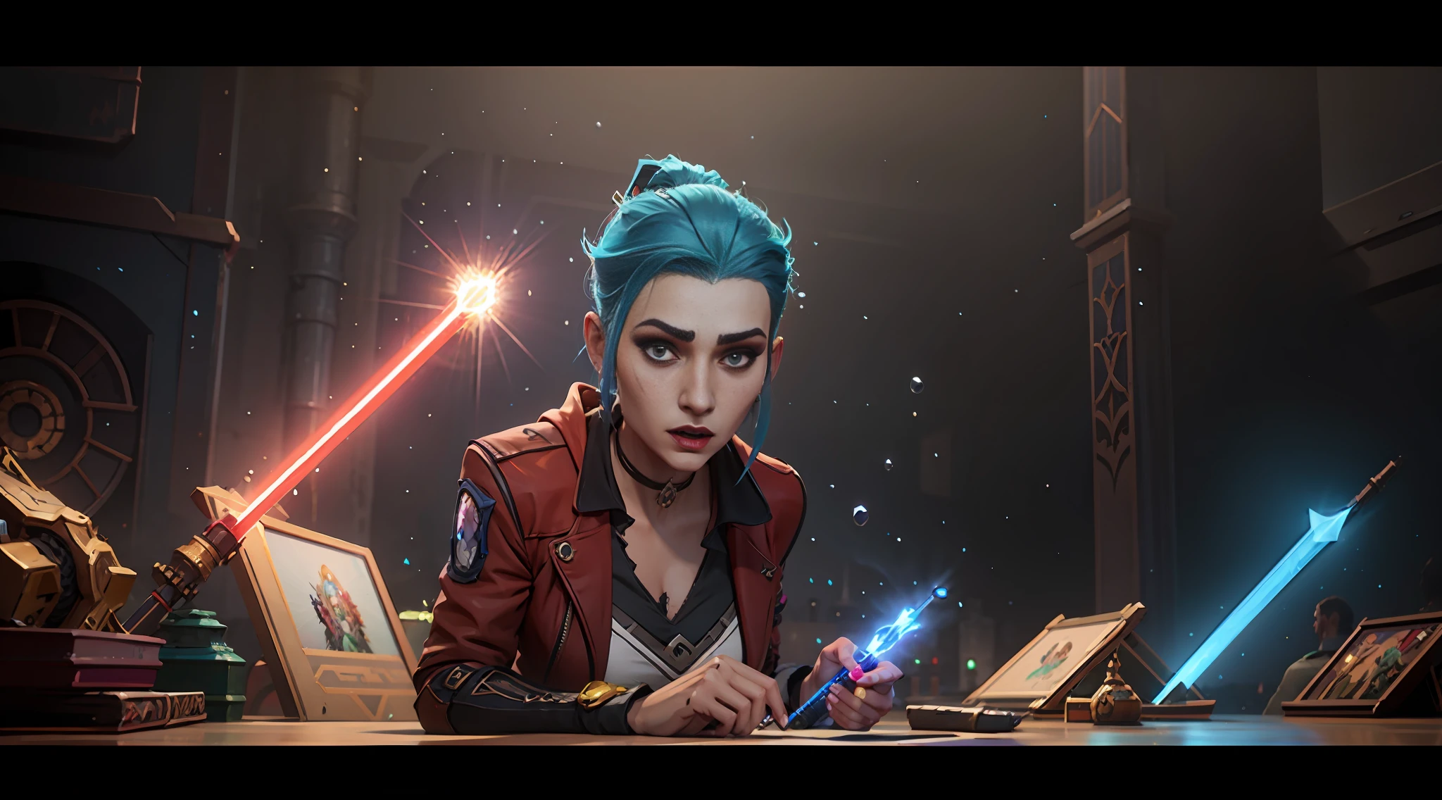 there is a woman with a sword in a red and blue scene, holding a lightsabre. splash art, jinx from league of legends, sci-fi digital art, jinx, loba andrade from apex legends, sci fi epic digital art, epic digital art illustration, deviantart artstation cgscosiety, cgsociety ), high definition cgsociety