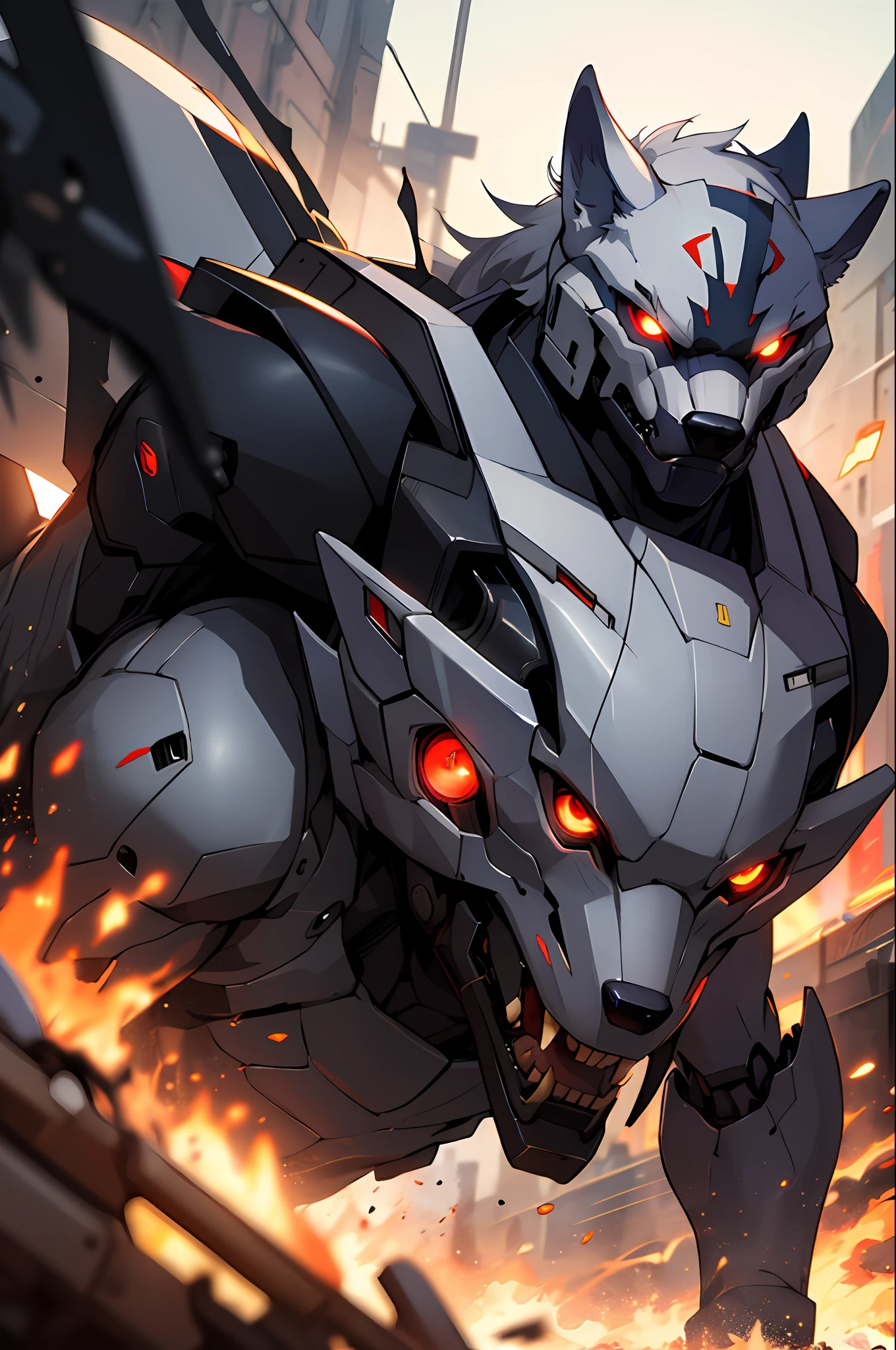 Hungry Wolf,red eyes,3x3 eyes,mecha danshi,masterpiece,best quality,dusk,Battlefield,muscular male,depth of field,messy,