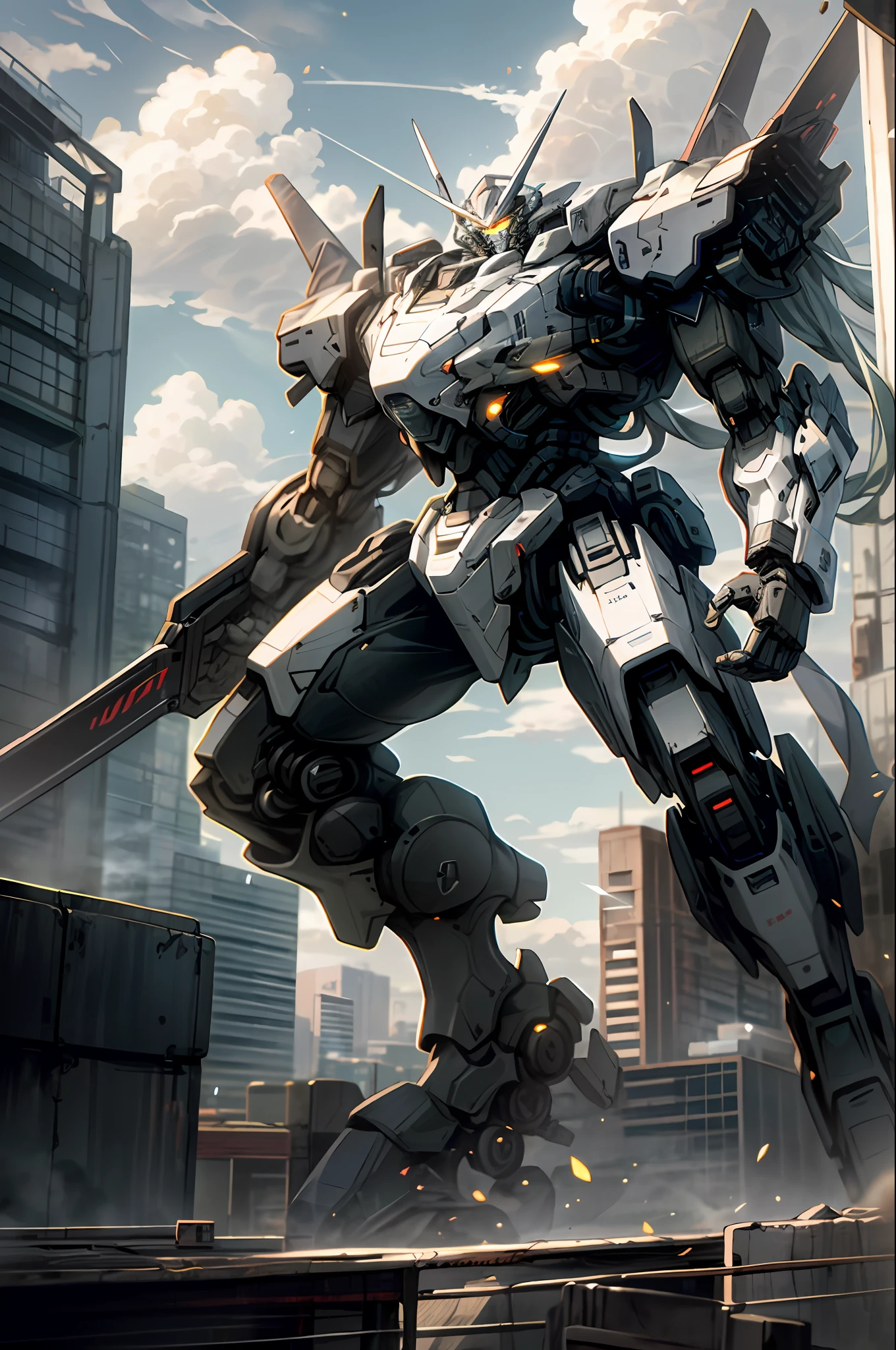 sky, cloud, holding_weapon, no_humans, glowing, , robot, building, glowing_eyes, mecha, science_fiction, city, realistic,mecha