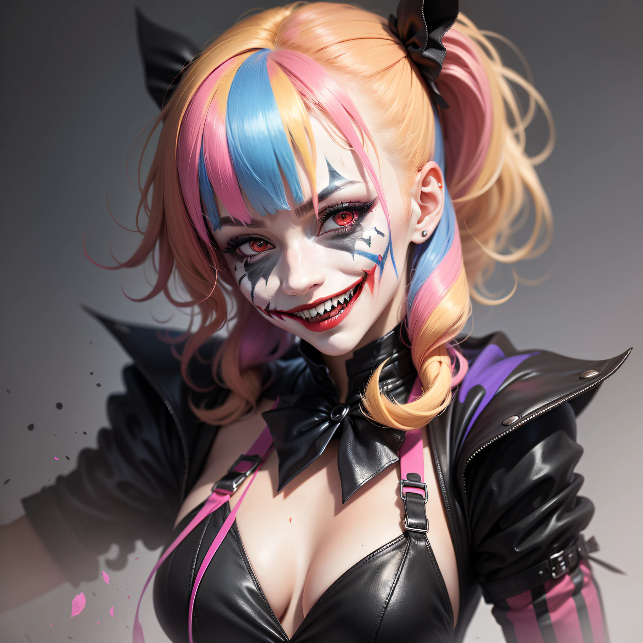 Dark joker woman, sorting sharp teeth, red eyes black outfit, blonde hair with pink and blue tips